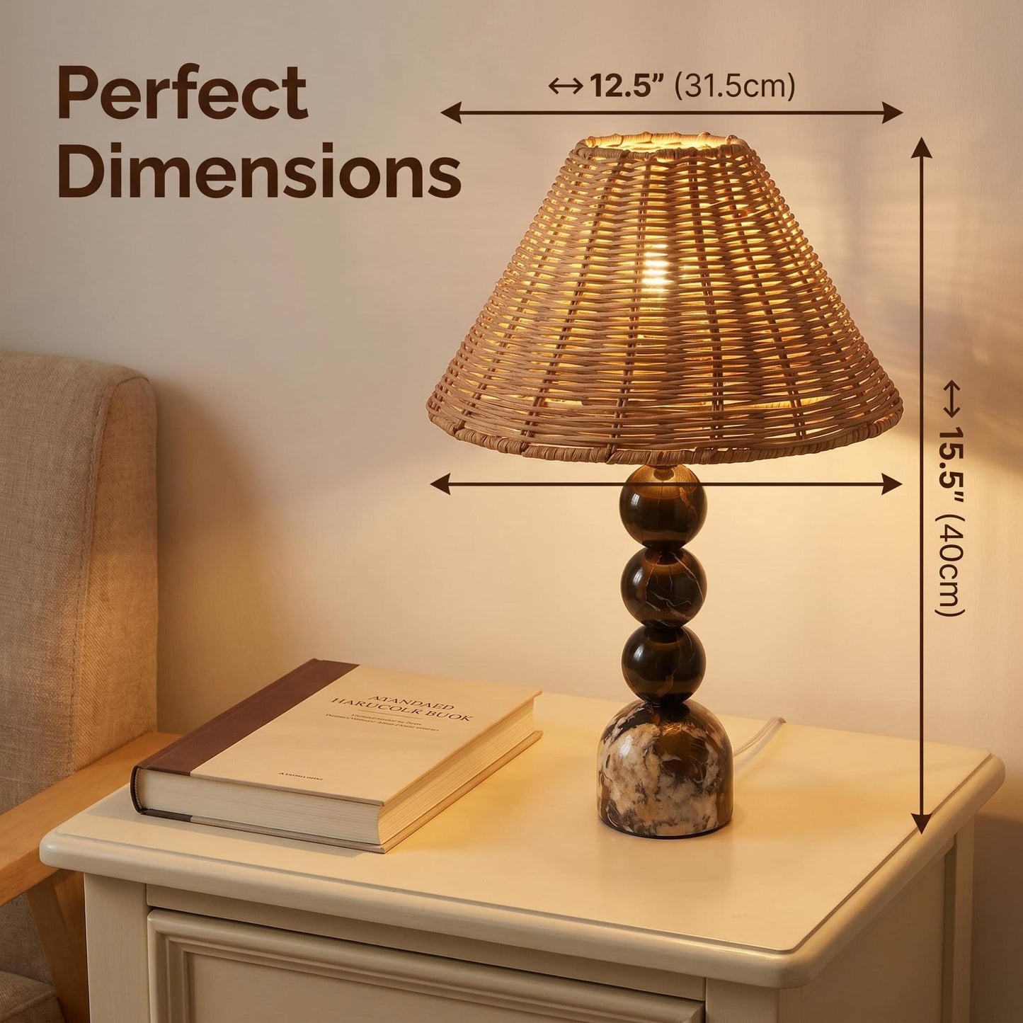 Calacatta Marble Stacked Ball Table Lamp - Hand-Woven Rattan Shade, 15" Stone Margot Artistic Vintage Lamp Luxury for Bedroom Living Room, Counter, Console, Entryway, Gift (Calacatta Viola Marble)
