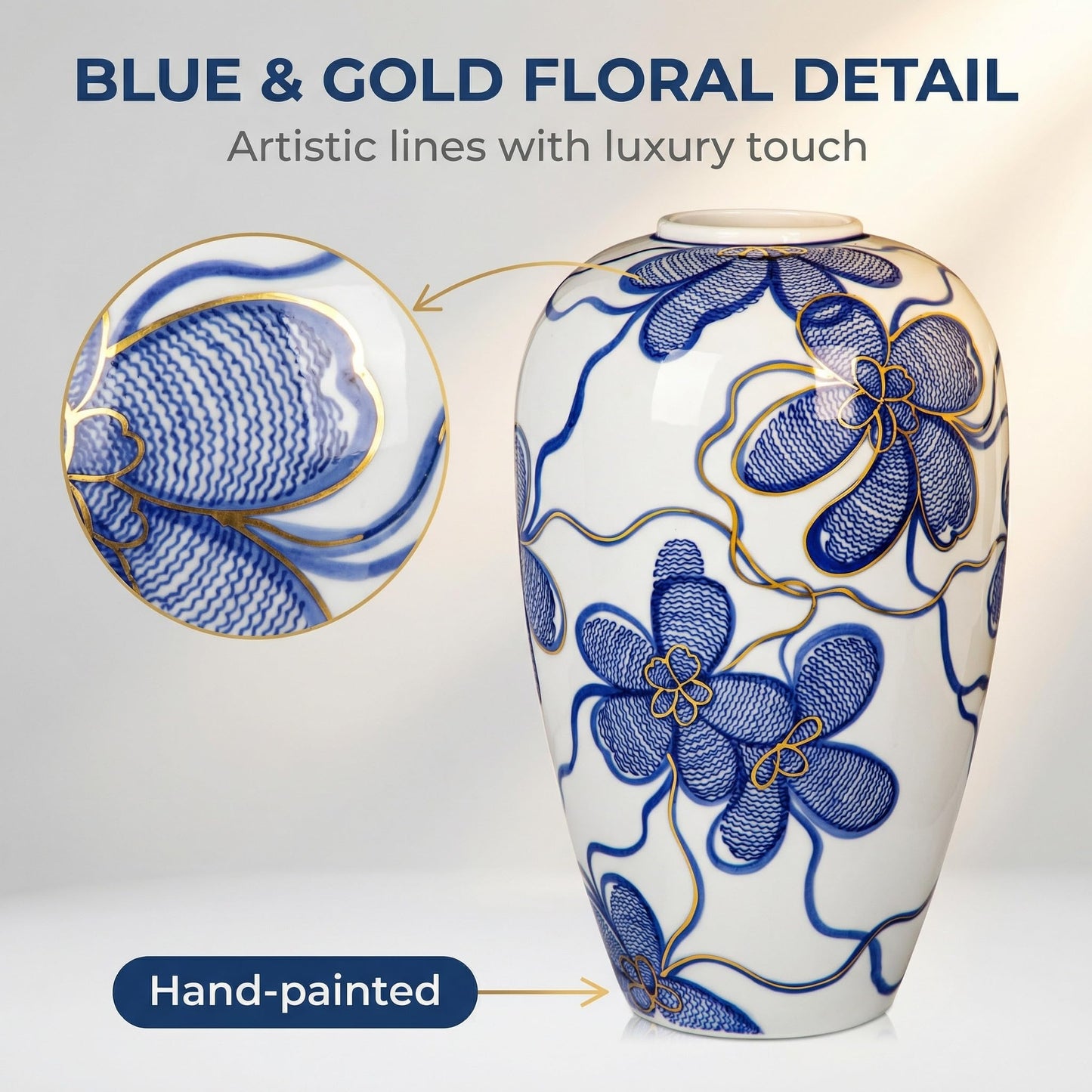 Blue and White Ceramic Vase for Home Decor – Hand-Painted Porcelain Flower Vase with Gold Accents – Chinoiserie-Inspired Home Decor Vase – 11" for Table, Shelf, or Mantel