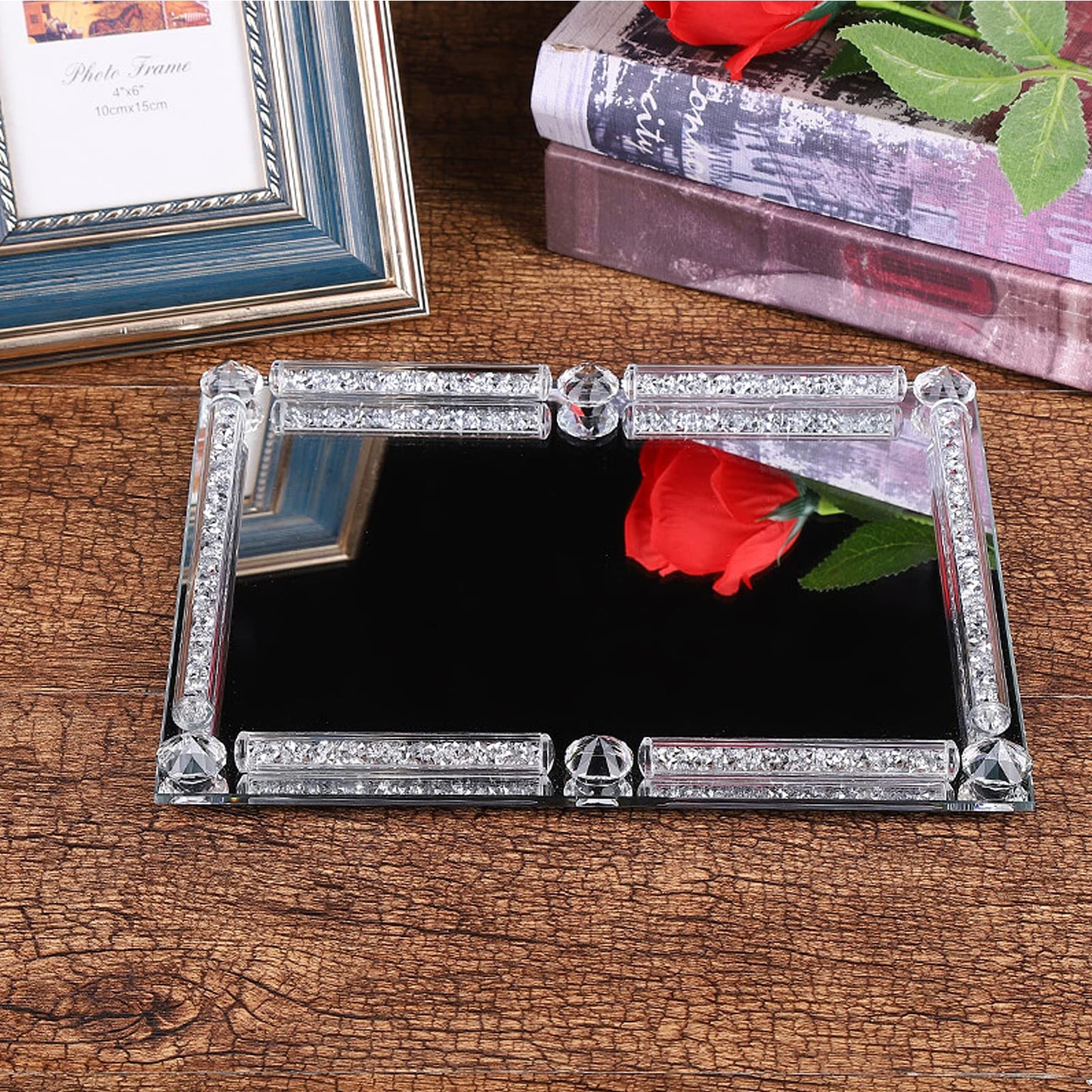 YCWF Mirror Perfume Tray for Dresser,Crushed Diamond Filled Glass Vanity Tray,Decorative Bathroom Tray,Crystal Tray for Home Decorative,Party,Hotel Banquet,11.8"x 7.9"x1.2",Silver
