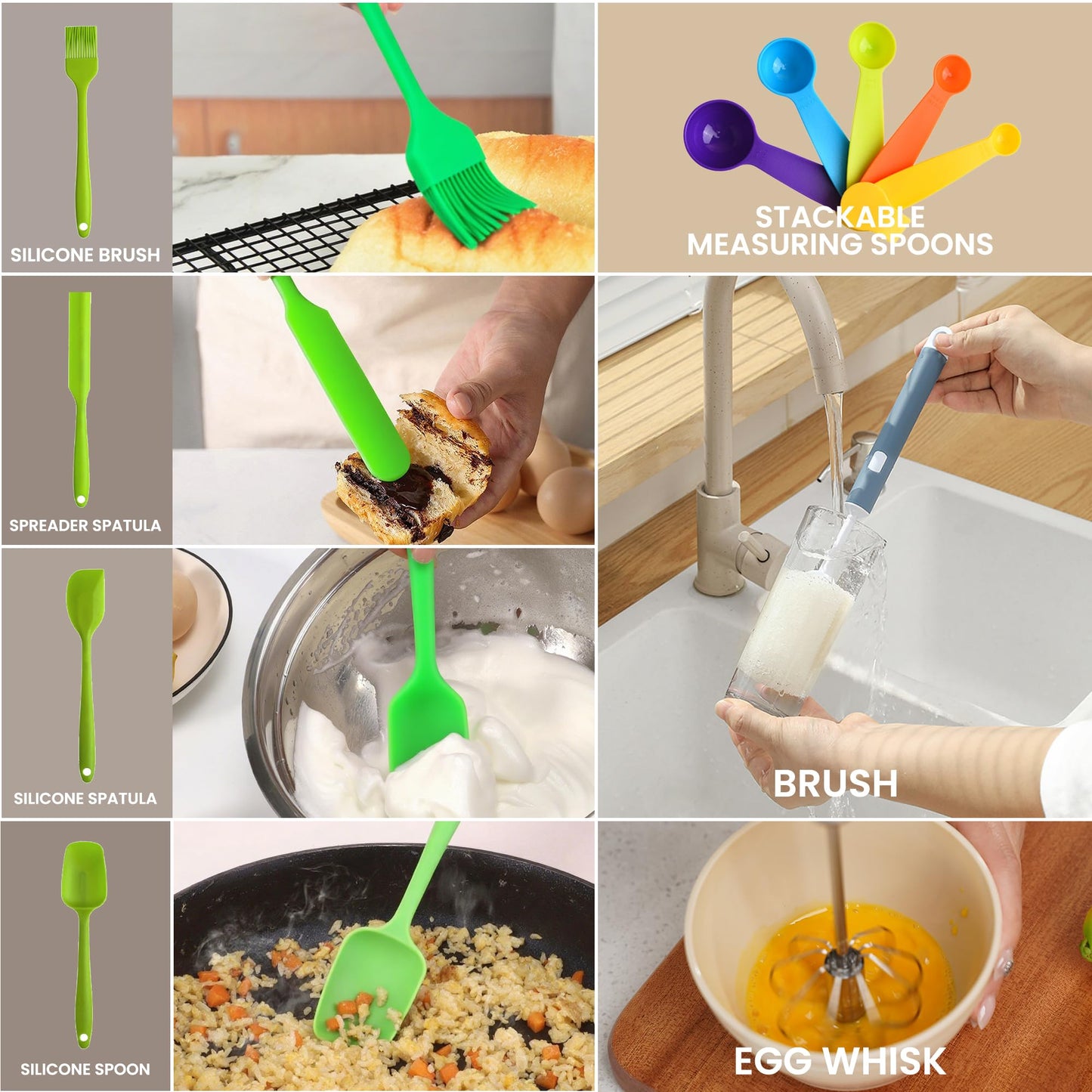 LISI 6 Pack Mixing Bowls Set with Lids, Airtight BPA-Free Nesting Bowls for Mixing, Baking, Cooking & Storage, Dishwasher Safe Serving Bowl, Includes Spatula, Spoons, Brush & Whisk