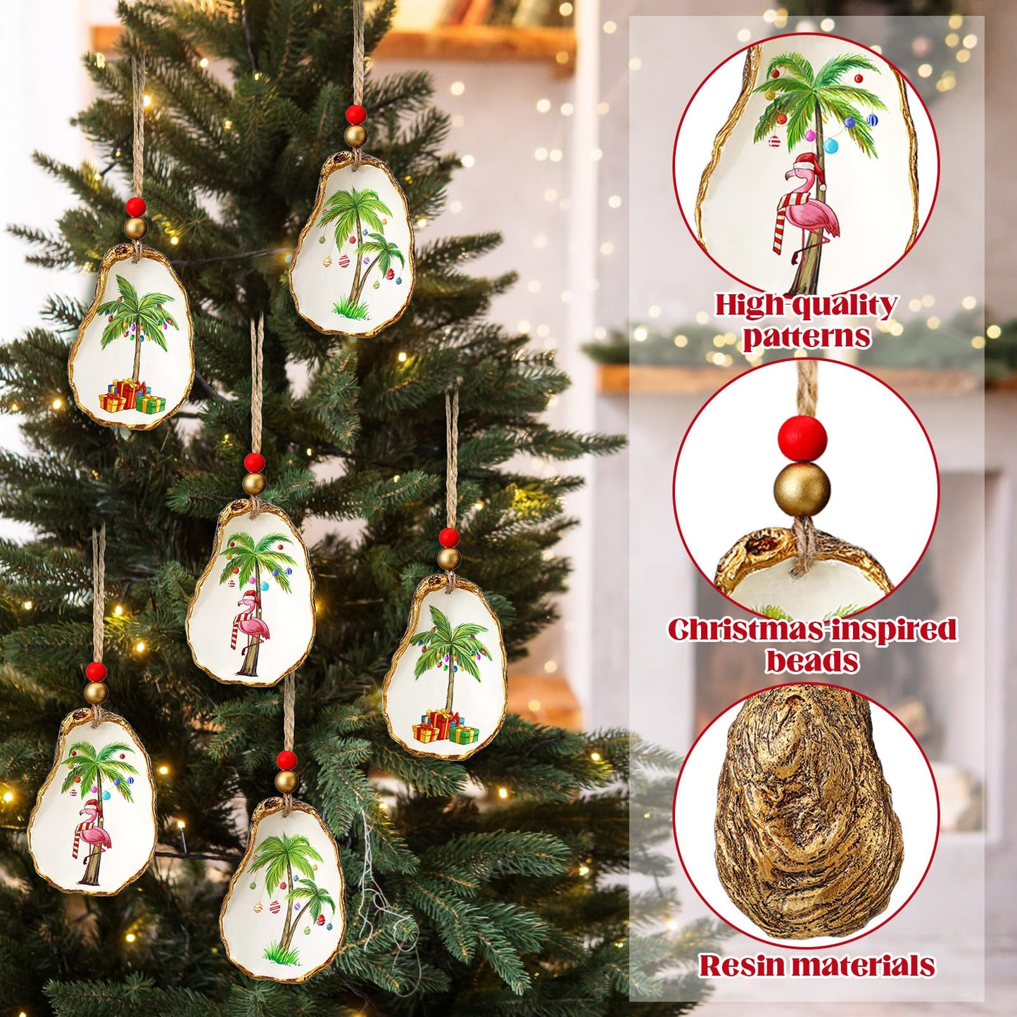 Bucherry 3 Pcs Christmas Oyster Shell Ornament Resin Decorated with Palm Tree Flamingo Seashell Christmas Nautical Coastal Tropical Beach Ornament for Xmas Tree Home Office Gift