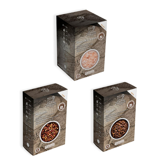 Peugeot Salt & Pepper Spice Bundle-15 Sealed Packets Total-4 Timut Wild Peppercorns, 4 Sichuan Red Peppercorns, and 7 Pink Bolivian Salt-Spice Refills for Grinders, 430g