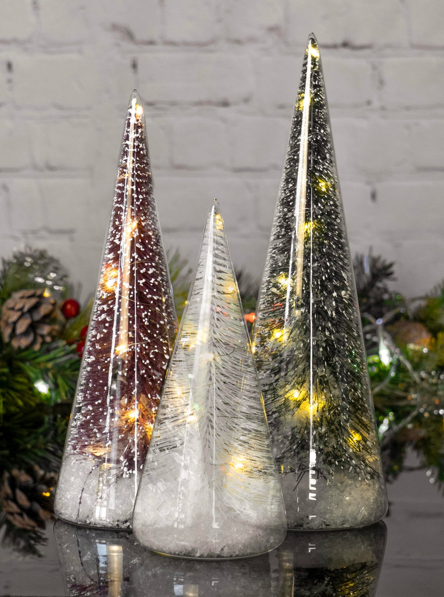 Red Co. Set of 3 (10”, 9”, 7”) Clear Glass Light-Up Decorative Tabletop Christmas Tree Holiday Figurine with LED Lights, Tinsel & Snow