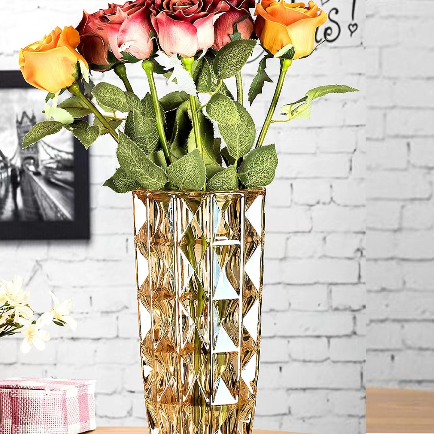 GIDARY Tall Vase,Large Vase, Clear Glass, H 10 inch,Weighs 3.3 LB,Heavy Diamond Check Pattern Crystal,for Home Decor,Bookshelf Decor,for Centerpieces (Amber)