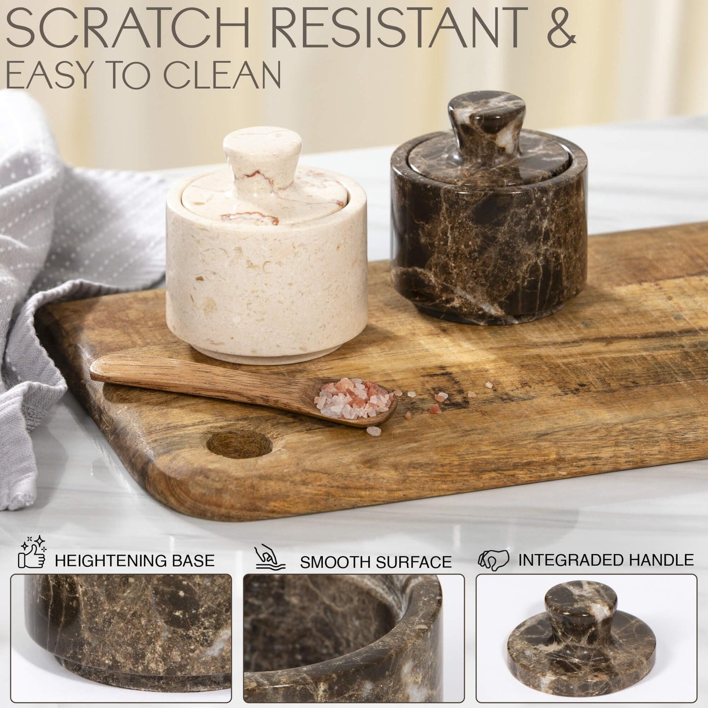 Beige Marble Salt Cellar with Lid (3.5oz) - Scratch-resistant & Easy-to-Clean Salt Containers for Countertop - Elegant & Versatile Marble Jar to Store Salt, Sugar & Dry Spices - Compact Salt Dispenser
