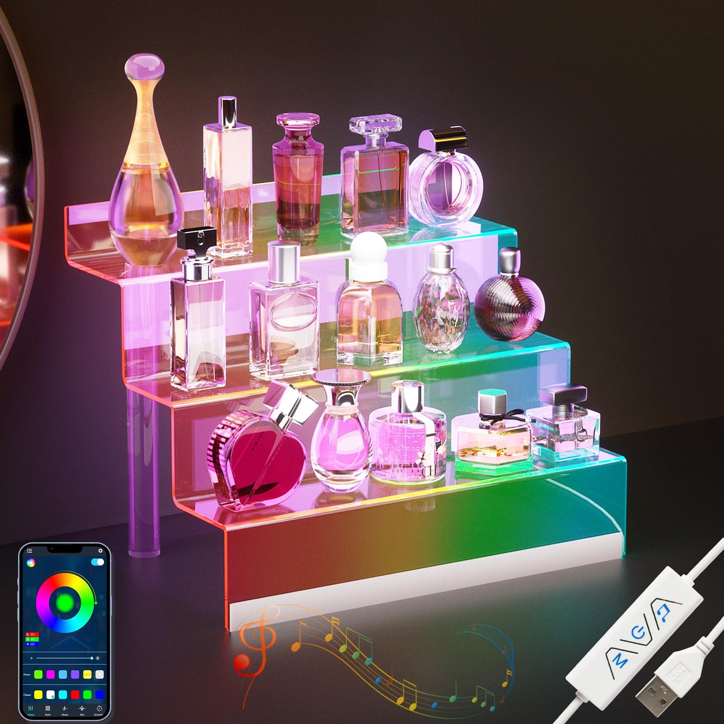 12” Acrylic Display Organizer with LED Light - 3 Tier Perfume Stand and Display Step Shelves Holder, Cologne Organizer for Men, Figures Stand, Porta Perfumes Para Tocador, Clear Riser, Dessert Shelf