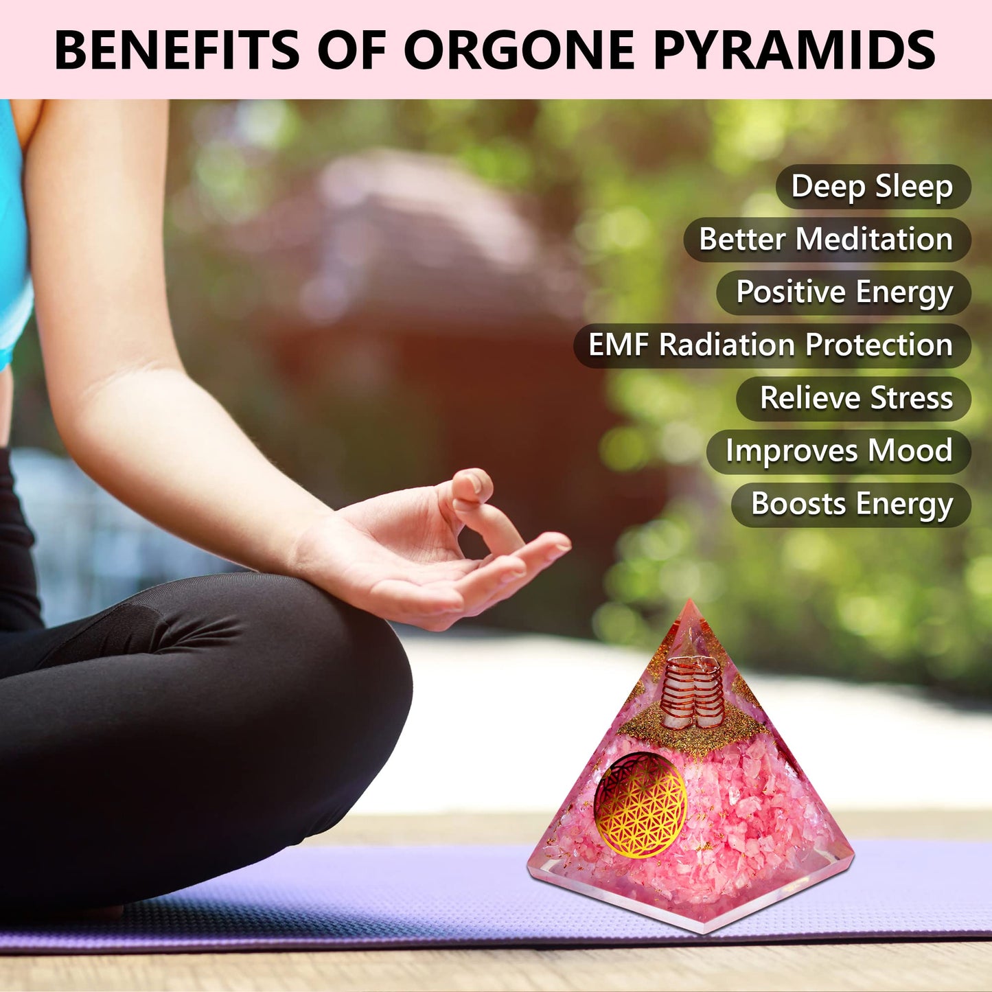 ANAYA AGATE Rose Quartz Orgone Pyramid – Handmade Orgonite Pyramid with Flower of Life – Rose Quartz Crystal Pyramid for Love, Relationship, Chakra Balance – Meditation Pyramid for Yoga, Reiki