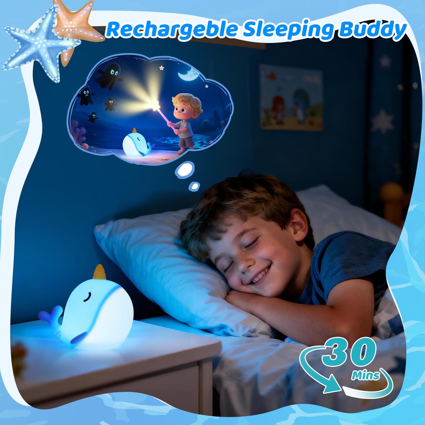 OkiyiD Blue Narwhal Lamp, Cute Silicone Night Light, Dimmable Animal Nursery Night Lights Bedside Touch Lamp, Whale Gifts for Bedroom Whale Decor