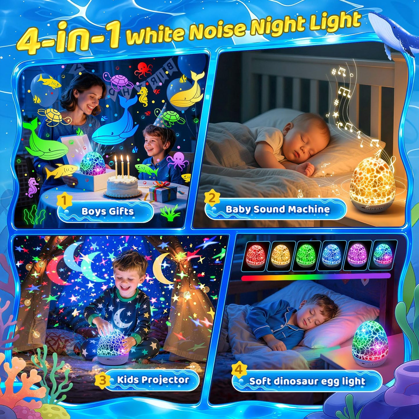 Star Projector Night Light for Kids, 6 Films & 15 Lullabies White Noise Sound Machine, Sensory Toys for Boys Toddlers, 360 Rotation Remote Timer Dino Egg Lights for 1-9 Boy Birthday Gifts