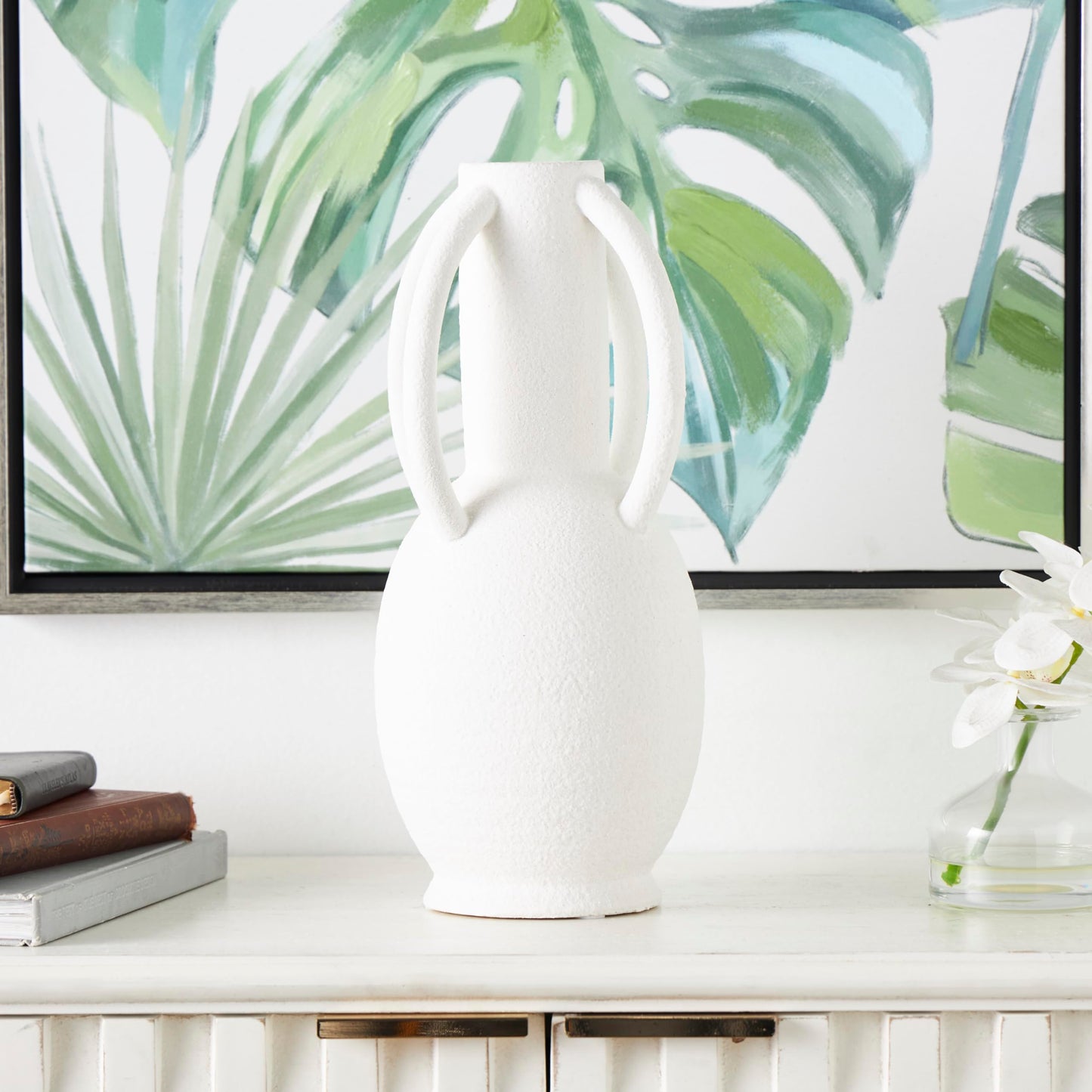 Deco 79 Ceramic Decorative Vase Textured Centerpiece Vase with 4 Handles, Flower Vase for Home Decoration 7" x 7" x 15", Cream