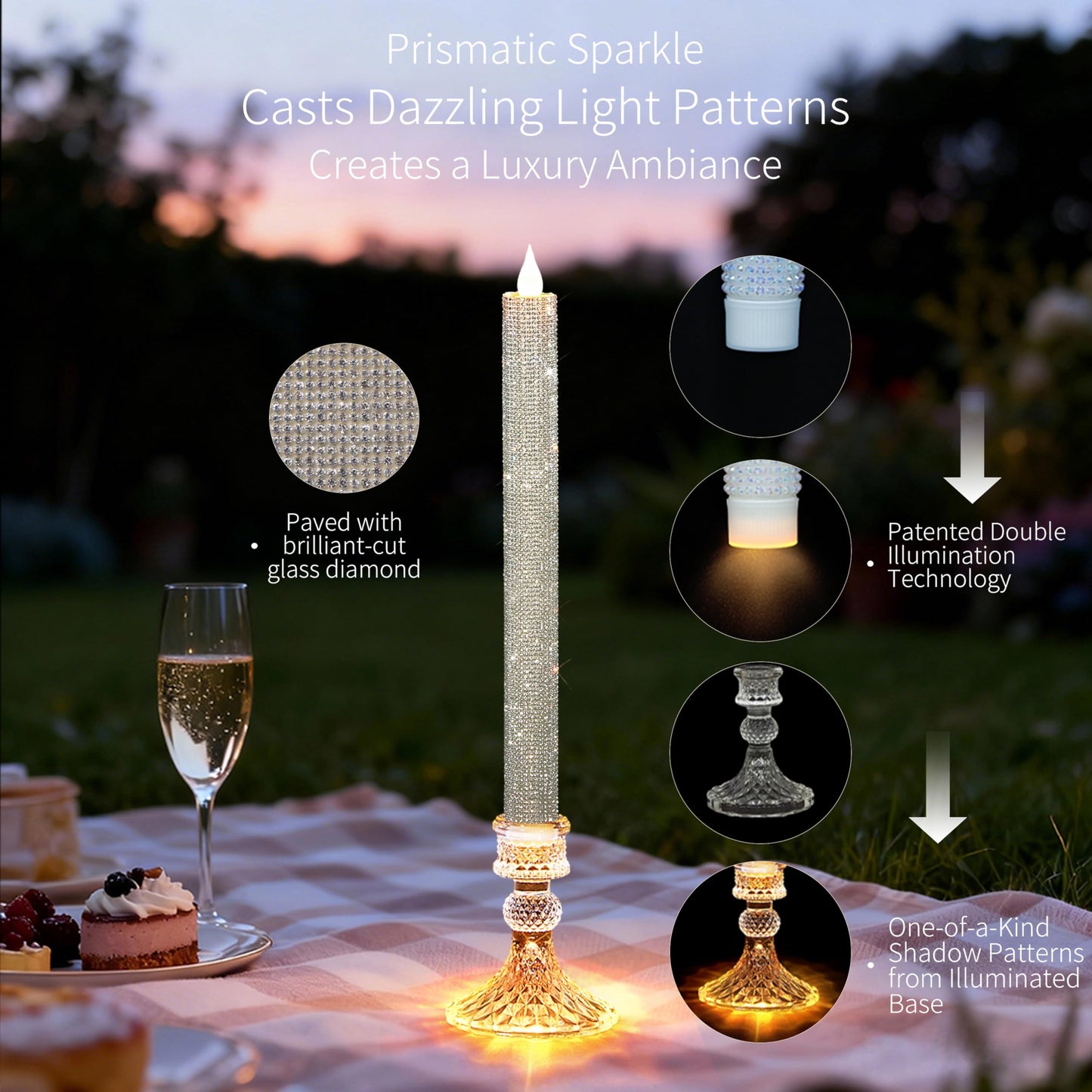 MISSTIME Flameless Taper Candles Wish Illuminated Holder-Glass Candle Holder, Remote Timer 2AA Battery Operated 500+ Hours for Thanksgiving/Xmas Decor, Wedding Centerpiece (Crystal Silver, 2 Pack)