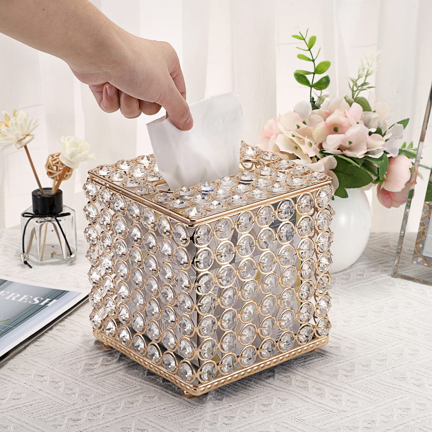 Sumnacon Crystal Square Tissue Box Cover - Sparkling Glass Cube Tissue Box Holder, Decorative Facial Tissue Holder for Bedroom Bathroom Vanity Dresser Night Stand Table Office Home Decor, Gold