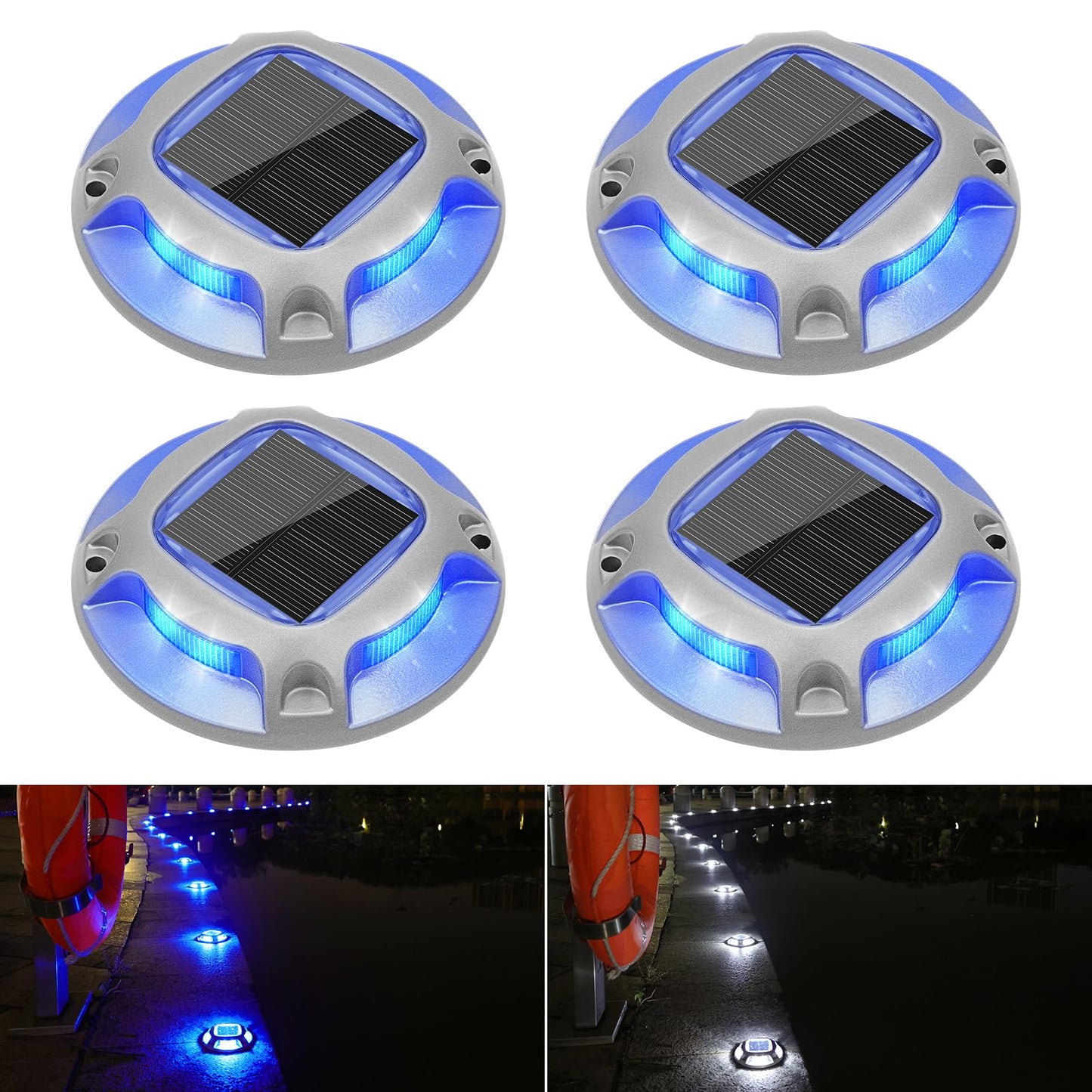 VOLISUN Solar Driveway Lights Dock Marine Lights 4 Pack,2 Colors in 1,Outdoor LED Deck Light,Solar Powered Waterproof Warning Step Light for Driveway Sidewalk Pathway (Blue/White),Saltwater Resistant