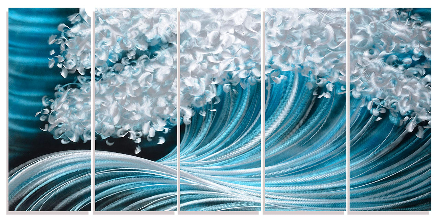 RICHSPACE ARTS Metal Wave Wall Art Large Horizontal Paintings Contemporary Blue Accents Home Decor Coastal Nautical Ocean Artwork on Aluminum for Office Living Room Bedroom Home Walls