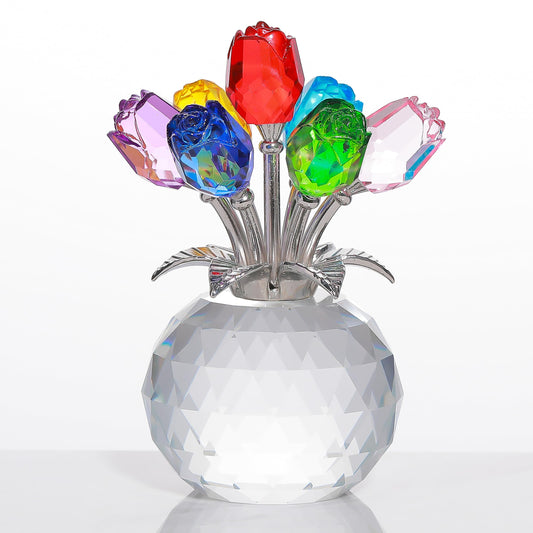 Colorful Rose Flower Crystal Figurine with Vase, Bouquet Flowers Ornament Gifts for Wife Girlfriend Women, Handmade Crystal Flower Collectible Home Table Decor for Valentine's Day Wedding Anniversary