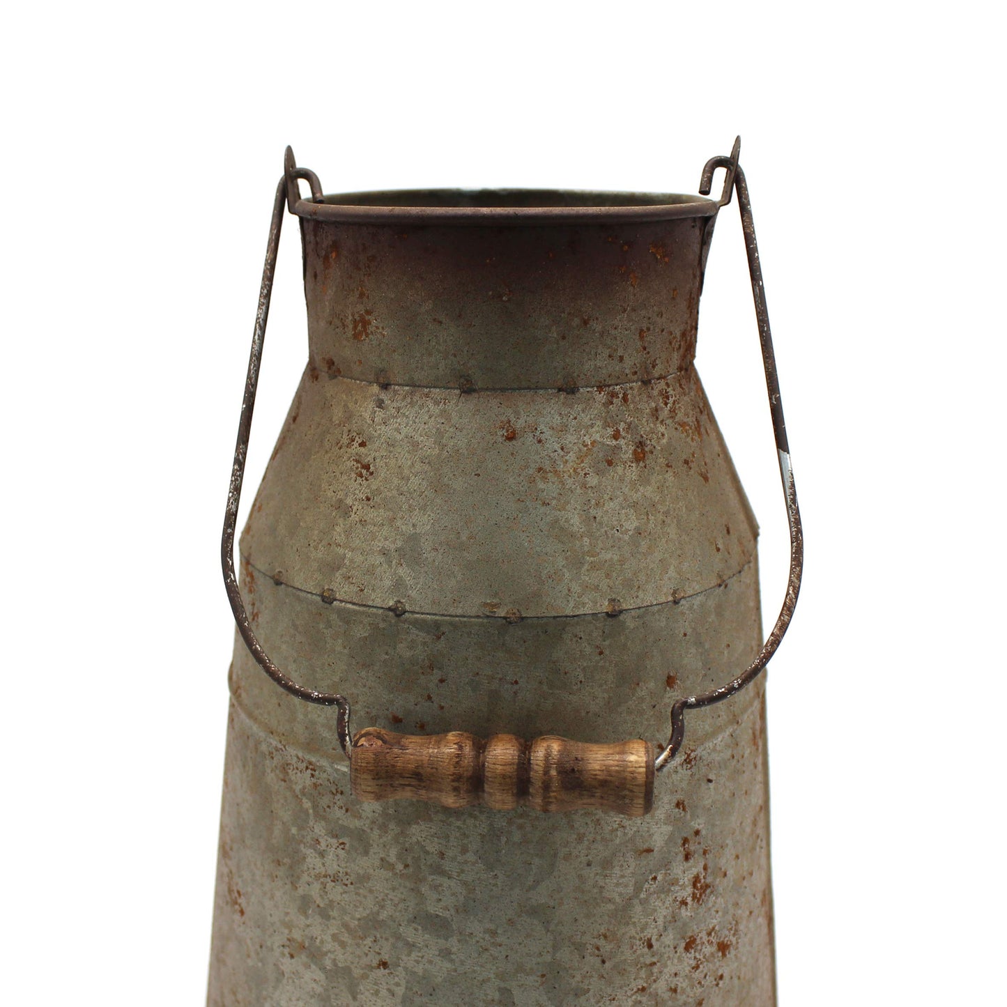 CVHOMEDECO. 10 Inch Galvanized Metal Milk Can with Wooden Handle, Old Rustic Farmhouse Pitcher Jug Vase for Home and Garden Décor. Grey
