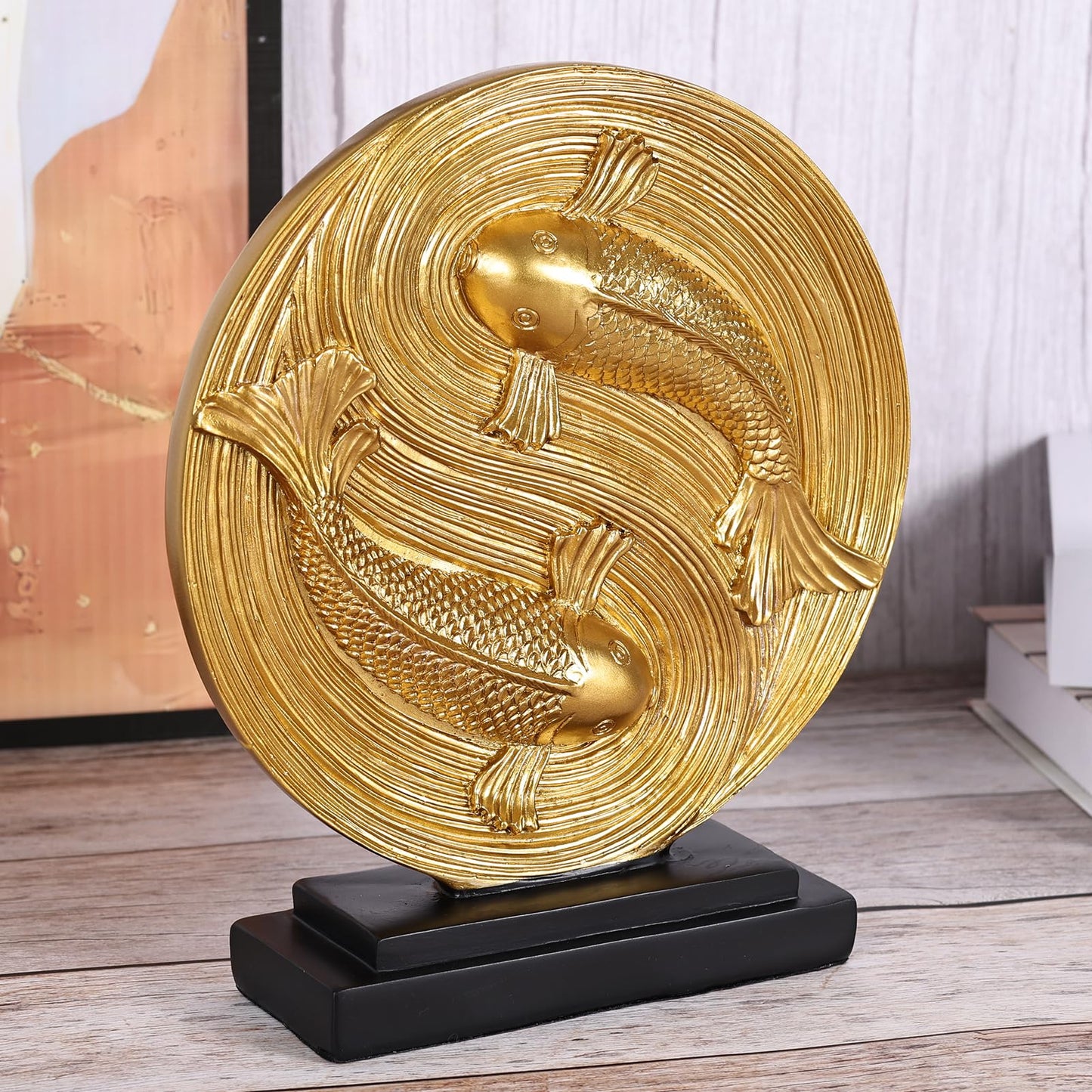 orenm Feng Shui Yin Yang Koi Fish Statue,Modern Shelf Decor Sculpture,for Mens Home Decorations Living Room,Office Good Fortune Sculptures,Bookshelf,Dining Table Centerpieces,TV Stand Decor (Gold)