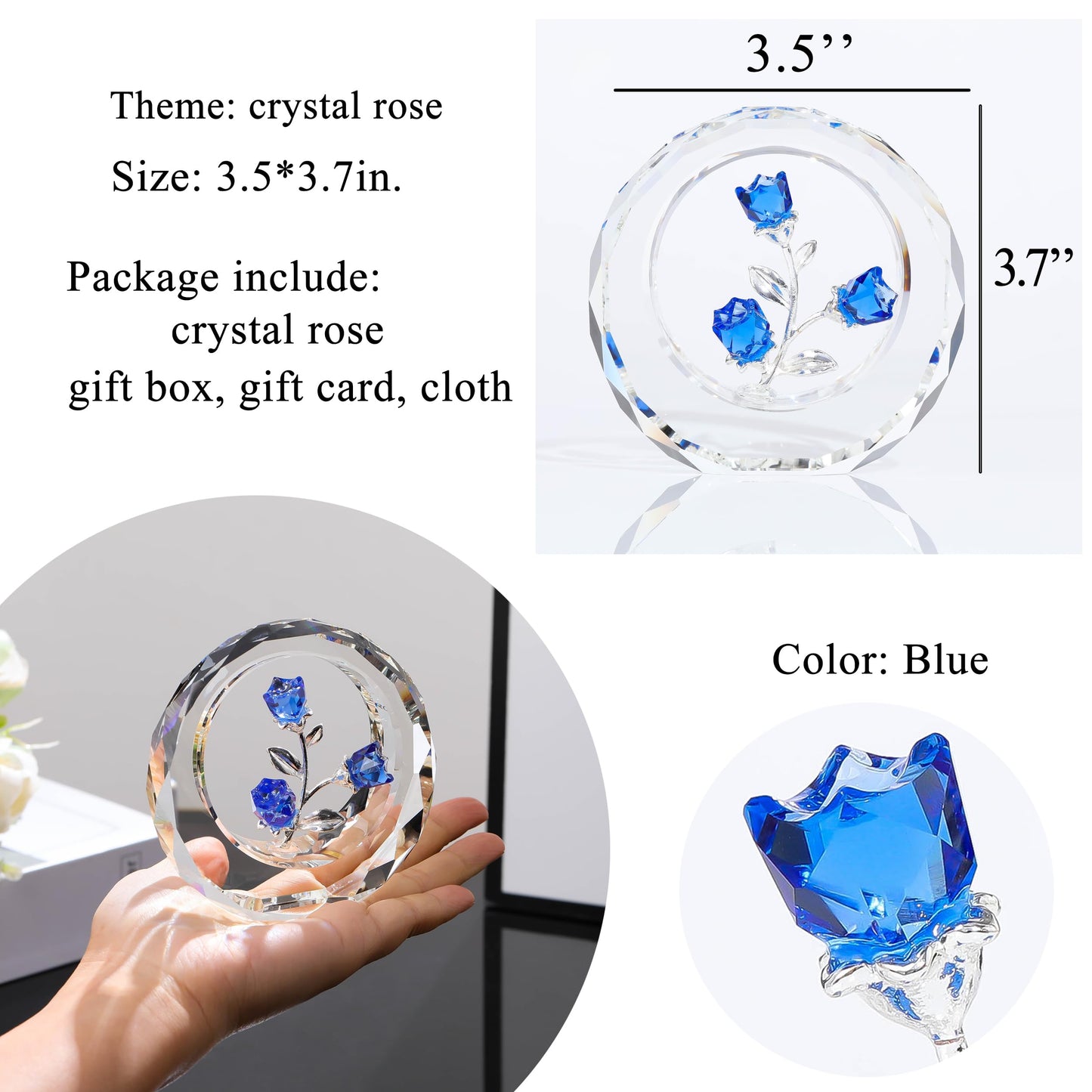 Blue Rose Flower Crystal Figurine with Vase - Bouquet Flowers Ornament Gifts for Wife Girlfriend Women - Handmade Crystal Flower Collectible Home Table Decor for Valentine's Day Wedding Anniversary