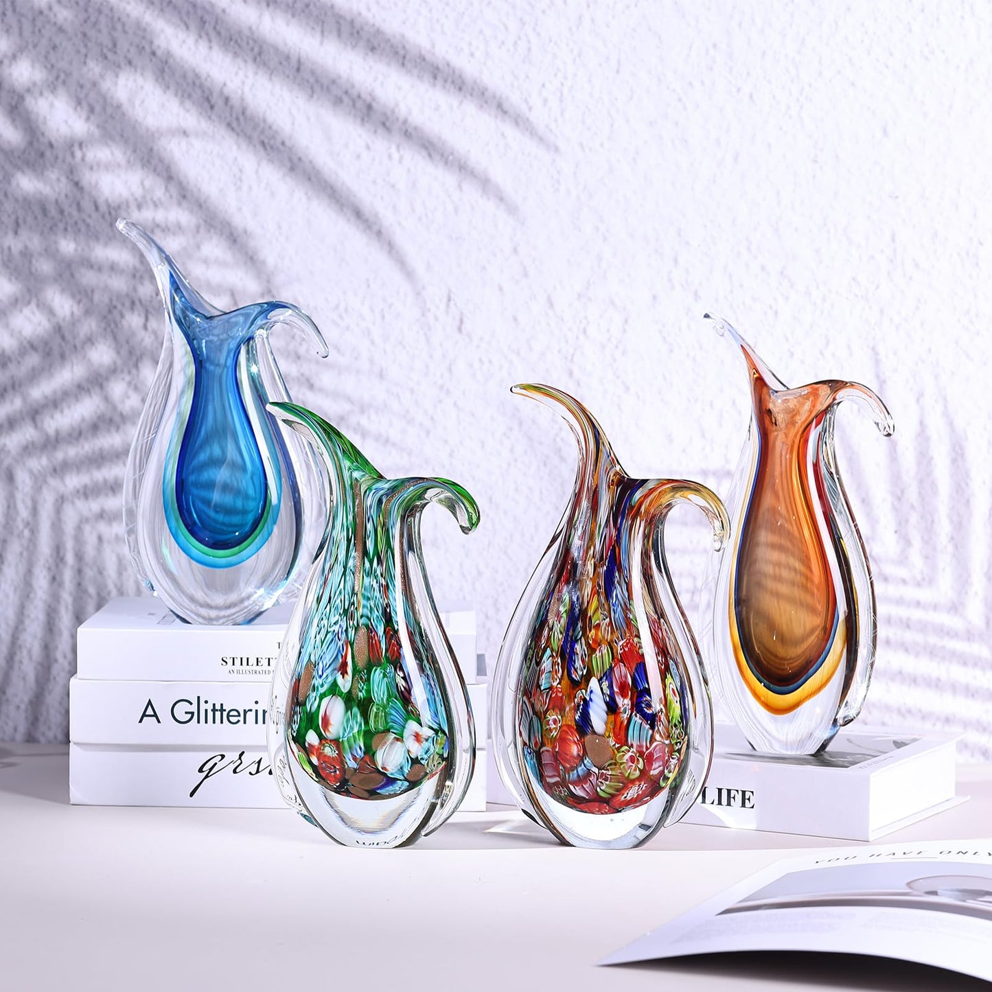 Hand Blown Glass Vase – Oval Decorative Art Glass for Centerpieces, Murano Inspired Decor for Dining Room, Entryway Table, or Shelf, Handmade Glass Vase for Home Display (Teal)