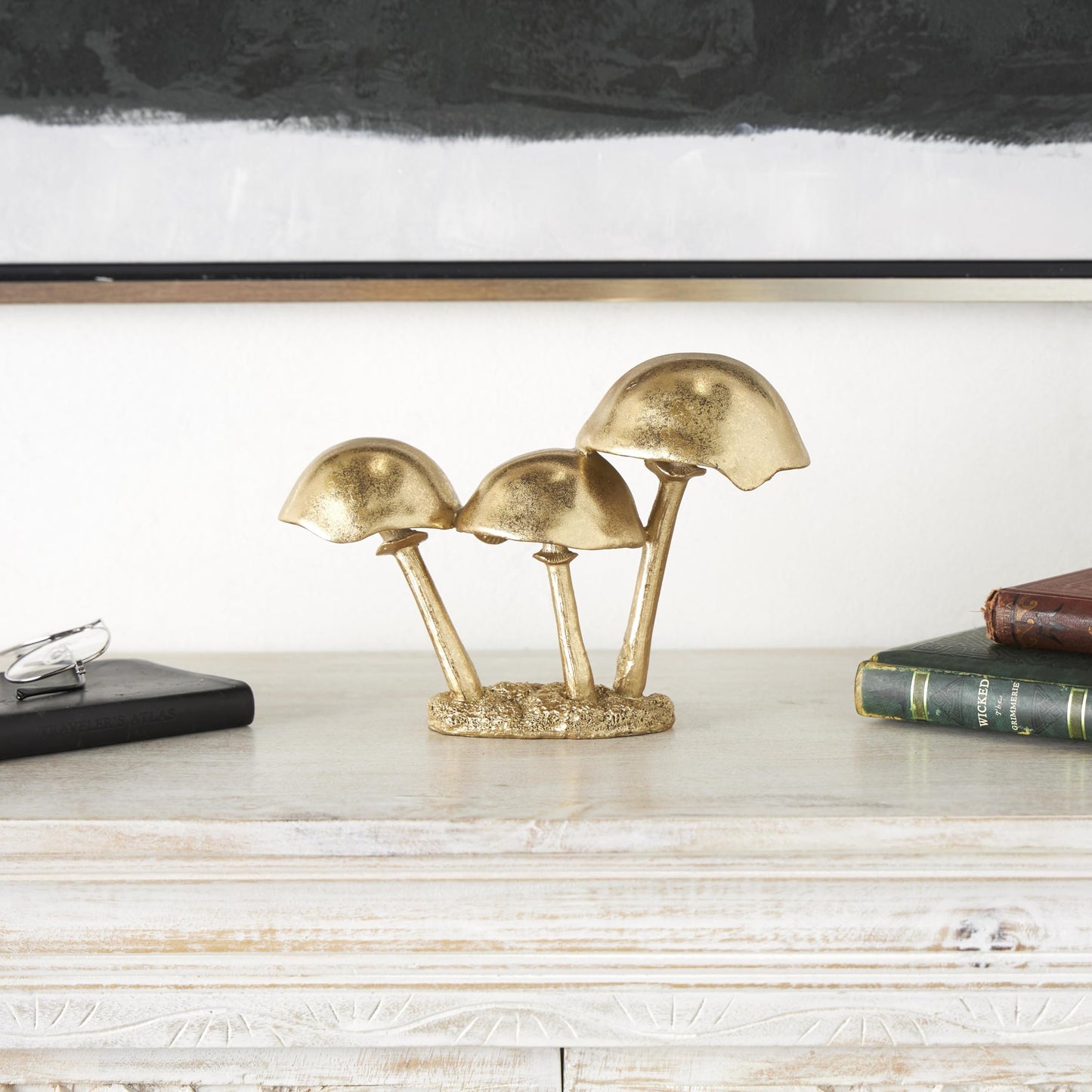 Deco 79 Polystone Mushroom Decorative Sculpture Metallic Home Decor Statue with Textured Base, Accent Figurine 10" x 4" x 7", Gold