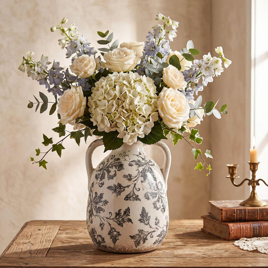 LemonRoad Ceramic Vintage Flower Vase Chinoiserie Floral Vase with Handle, Tall Tabletop Flowers Pot for Rustic Farmhouse Home Decor Table Centerpiece, 7.3 Inches (Chinoiserie,Gray)