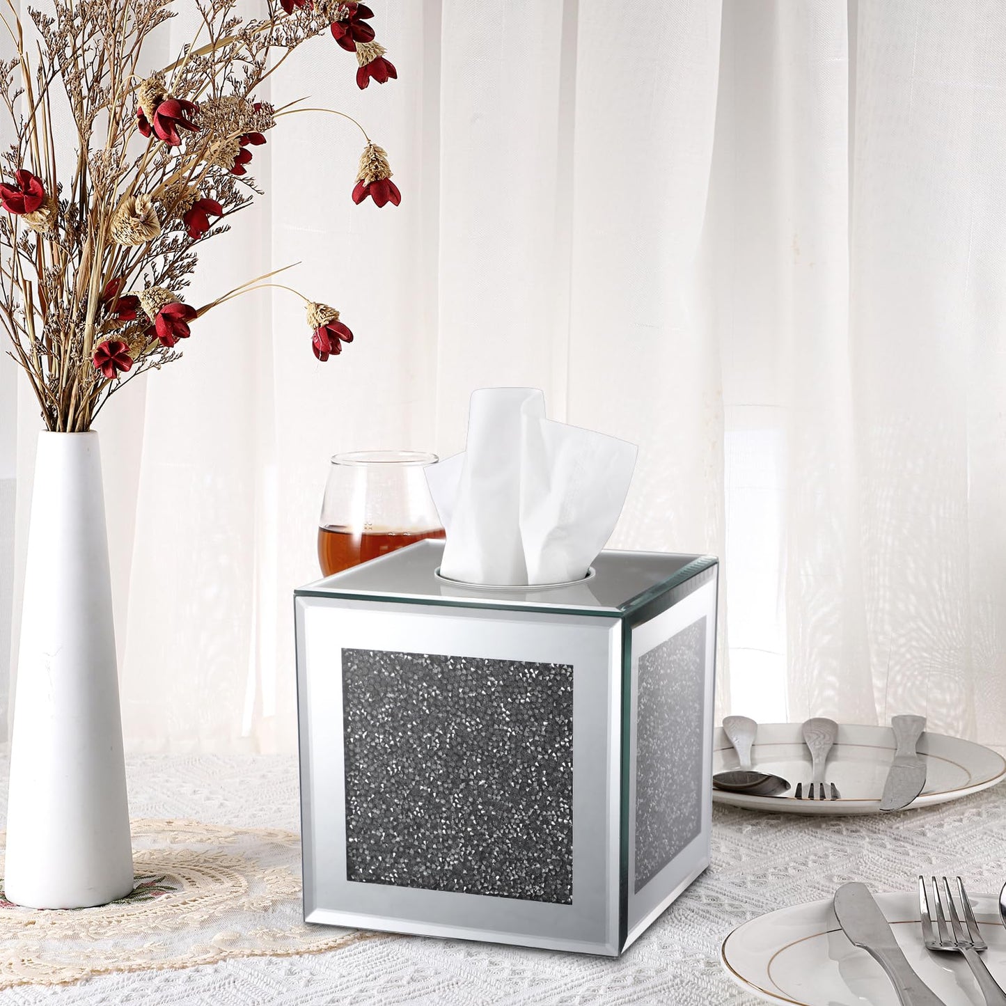 Sumnacon Crystal Square Tissue Box Cover, Silver Glass Cube Tissue Box Holder, Decorative Facial Tissue Holders Dispenser for Bathroom Vanity Dresser Night Stand Table Countertop Office Home Decor