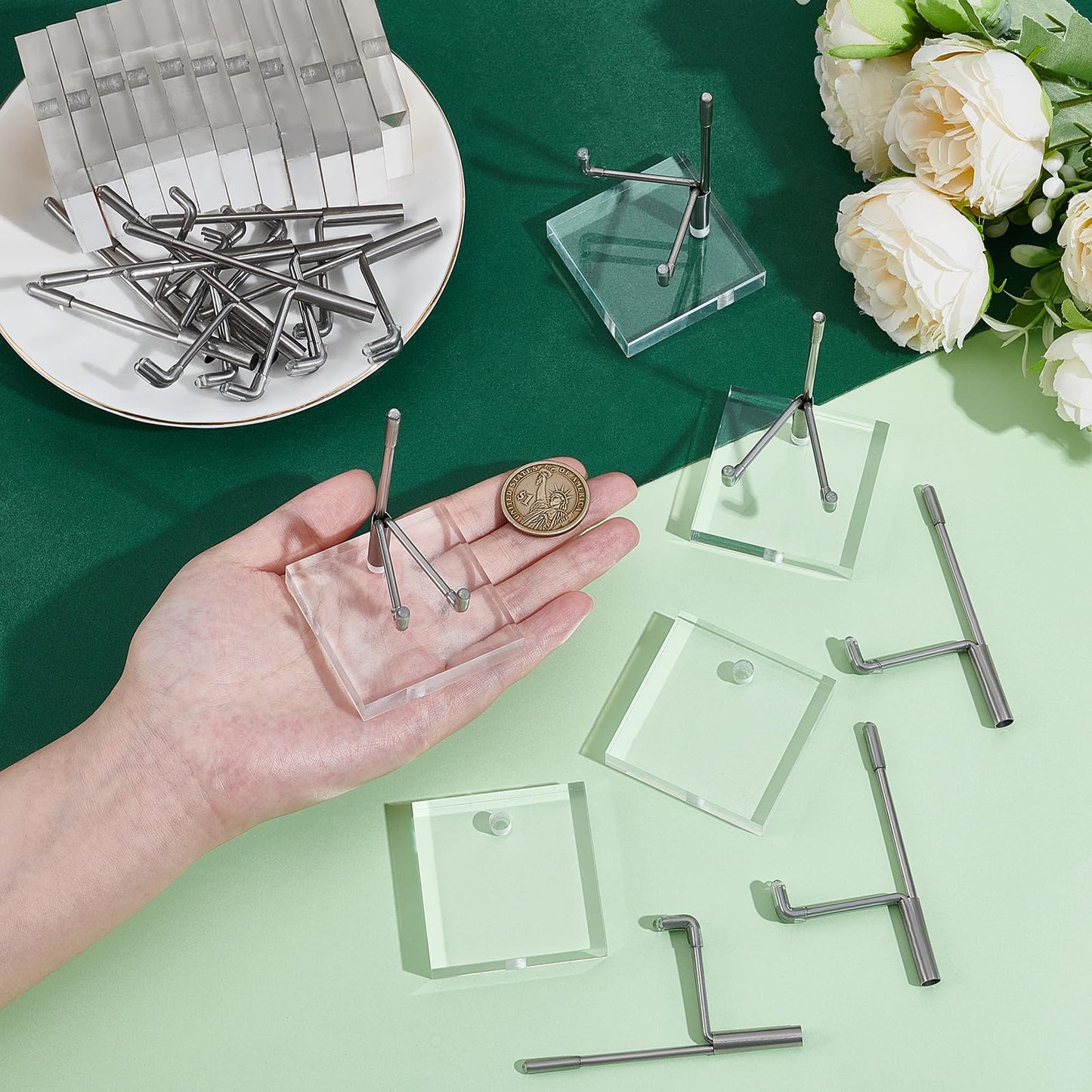 GLASSWINDS 16 Pcs Adjustable Metal Crystal Display Shelf, Rock Display Stand with Acrylic Base and Metal Arms, Crystal Holder for Mineral Gemstone Agate Fossil Coral or Other Small Collectible