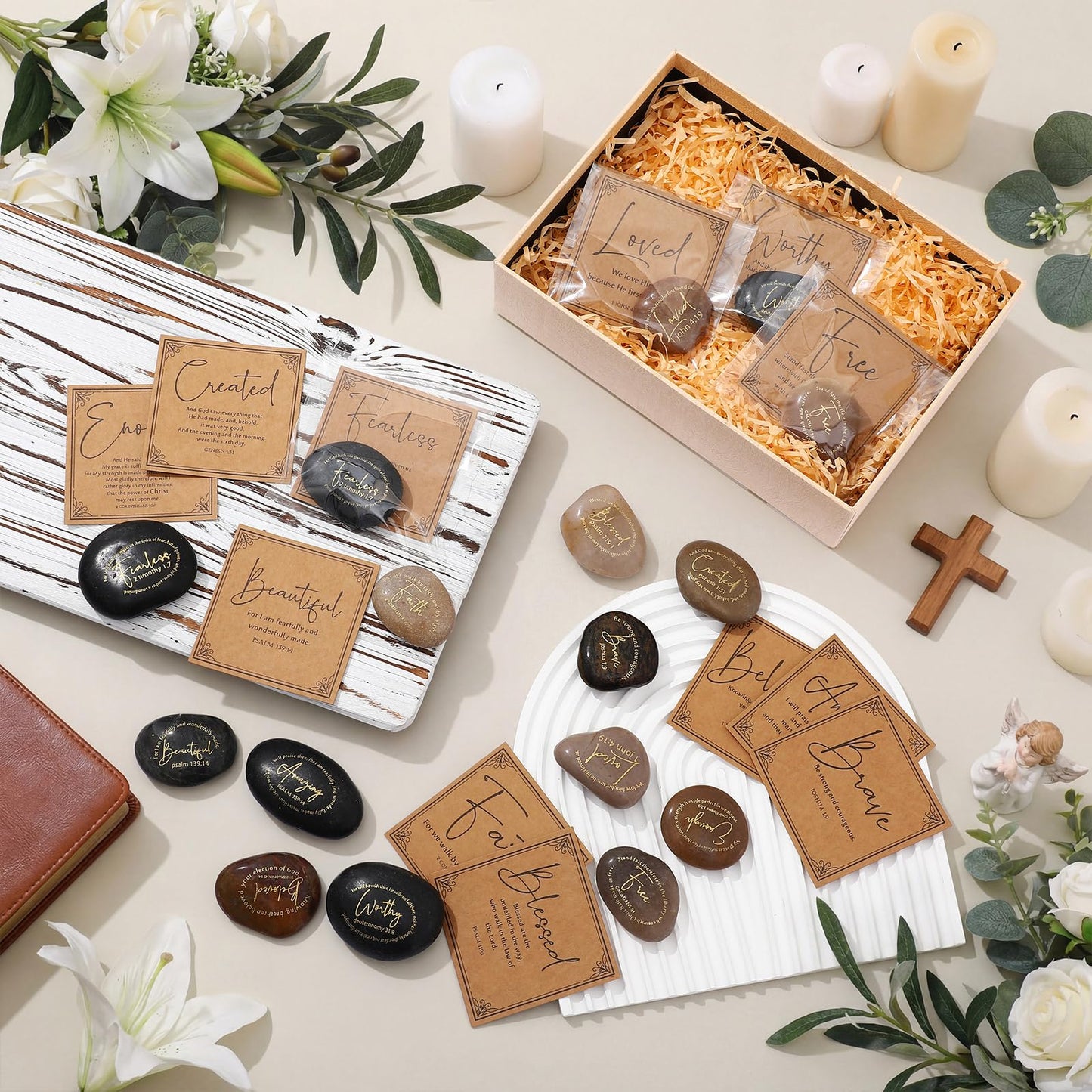 Geelin 24 Sets Inspirational Christian Gift Bible Verse Scripture Stones with Religious Card Rocks Engraved Stones with Prayer Word Grandparent Day Gift for Women Men Church Clergy Pastor (Elegant)