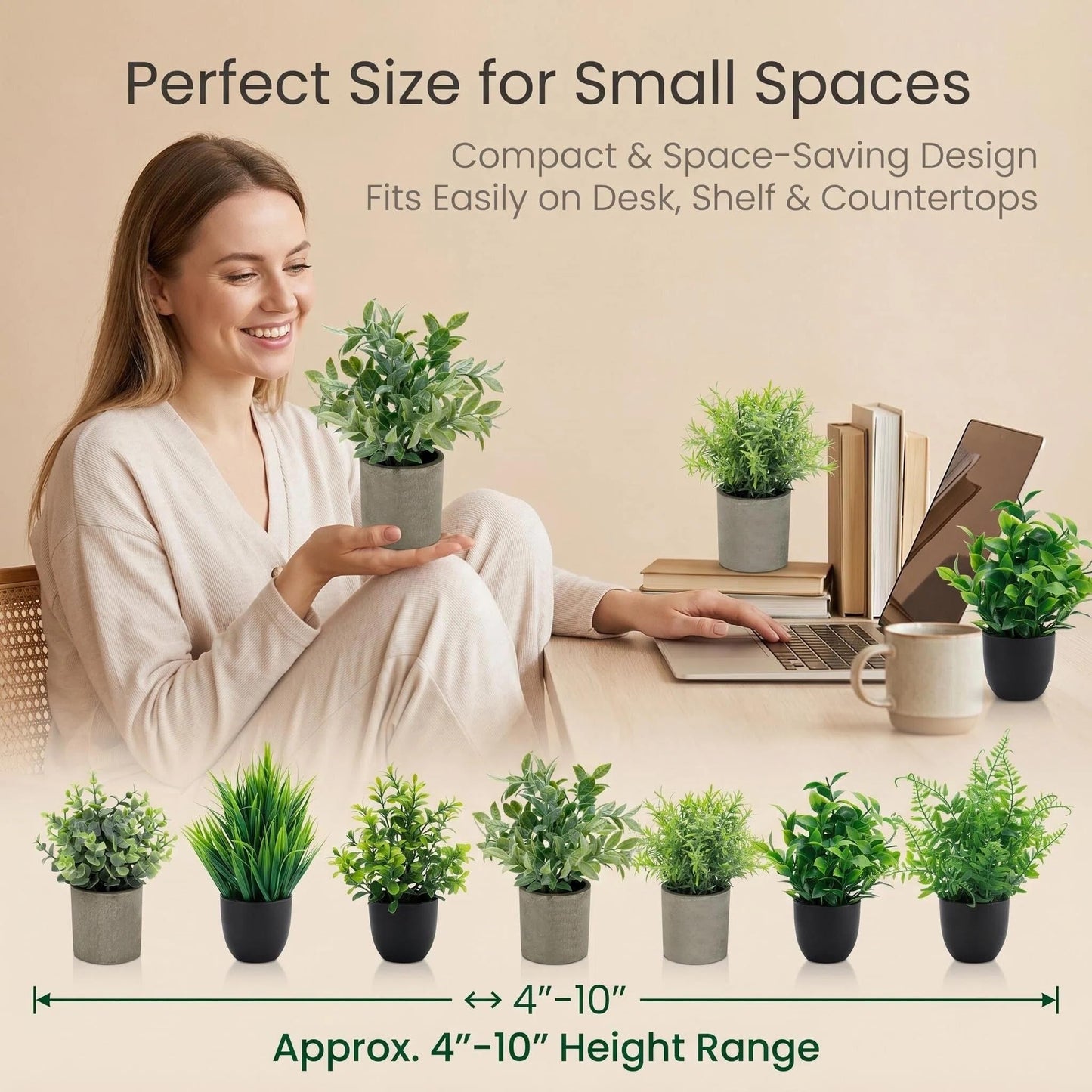 AUUGUU Artificial Potted Plants Faux Greenery in Cement Pots for Shelf, Bookshelf, Office or Home Decor, Small Decorative Fake Plants for Modern Indoor Display