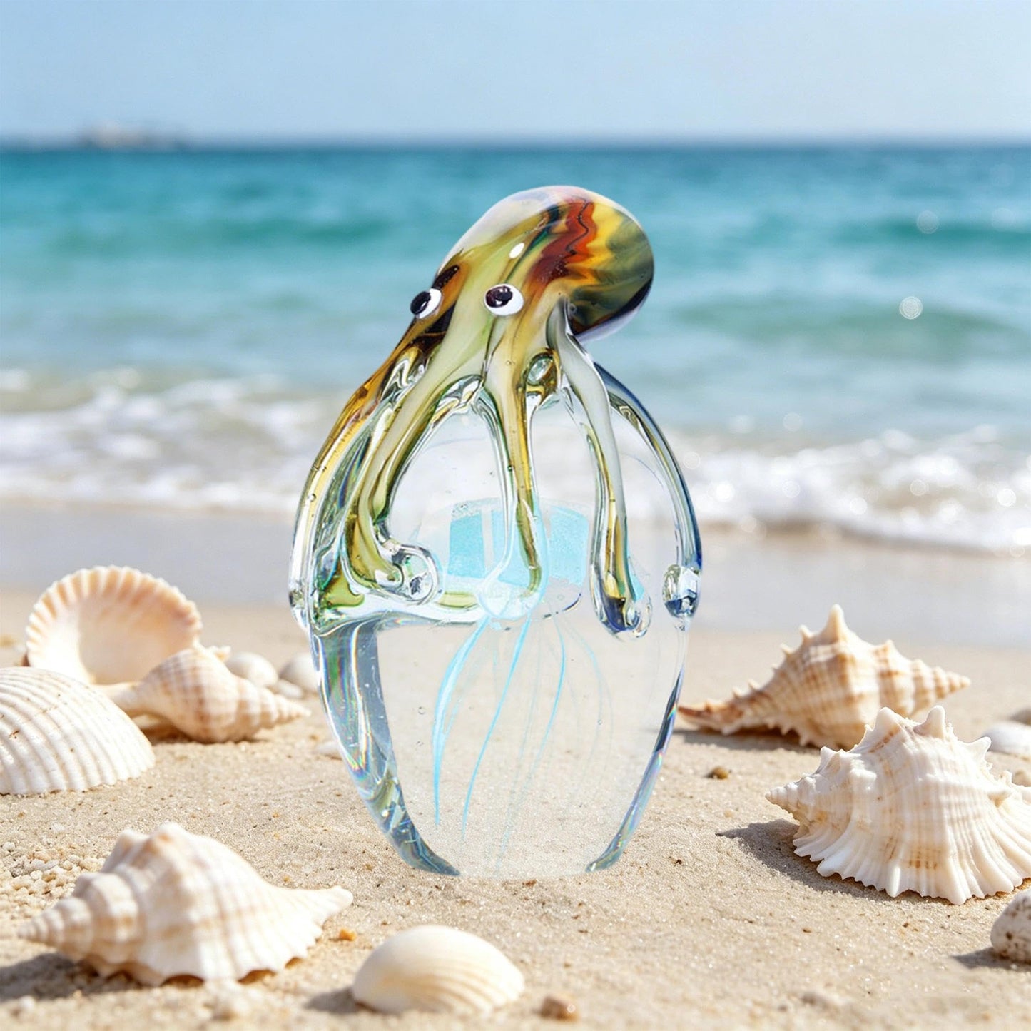 QFkris Glass Octopus Figurine for Home Decor, 5.5" Blown Glass Octopus Paperweight for Home Decoration Desk, Gift for Summer Mothers Day Thanksgiving Christmas Valentines Day