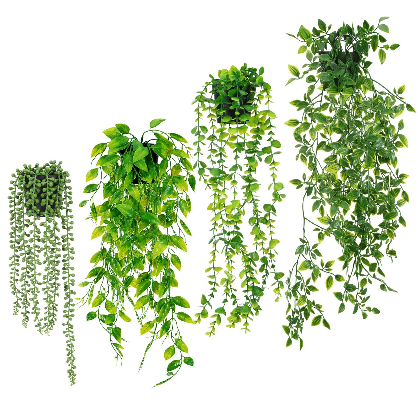 SHENLIU Artificial Hanging Plants for Shelf, 4 Pack Fake Potted Greenery Plant Faux Eucalyptus Vine, Mandala Vine, String of Pearls, Pea pod Leaves in Pot for Office Home Garden Indoor Outdoor Decor