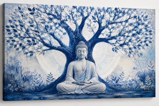 ICE ARMOR Blue and White Buddha Tree of Life Canvas Wall Art 24x36 Inch Frameless – Zen Meditation Spiritual Artwork, Asian Inspired Serenity Decor for Living Room Bedroom Office – Ready to Hang