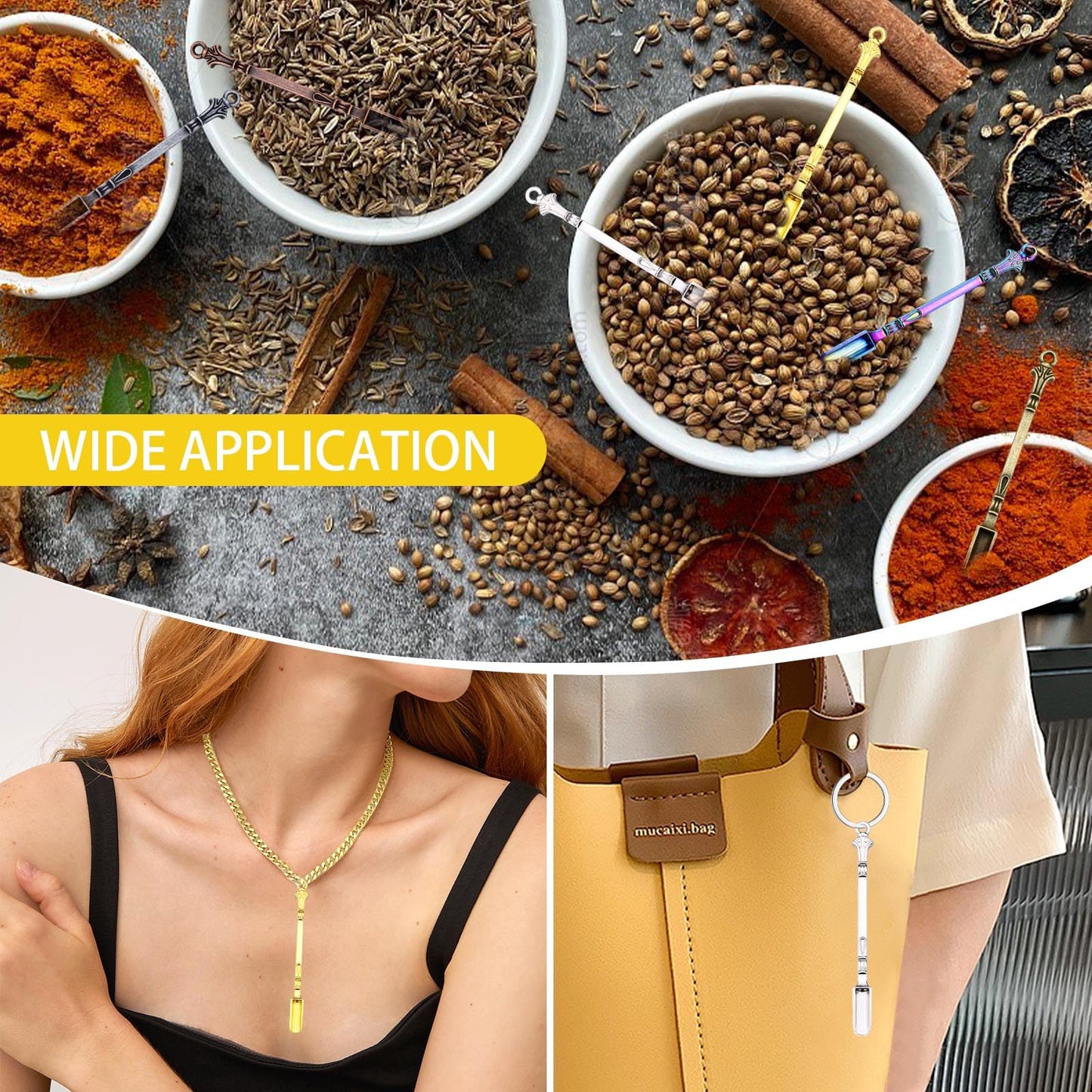 48 Pcs Mini Metal Spoons, Spice Spoons, Tiny Spoons for Powder, Necklace with Spoon, Shovel Keychain for DIY Spices, Herbs, Powder, Coffee, Sugar (Colorful)