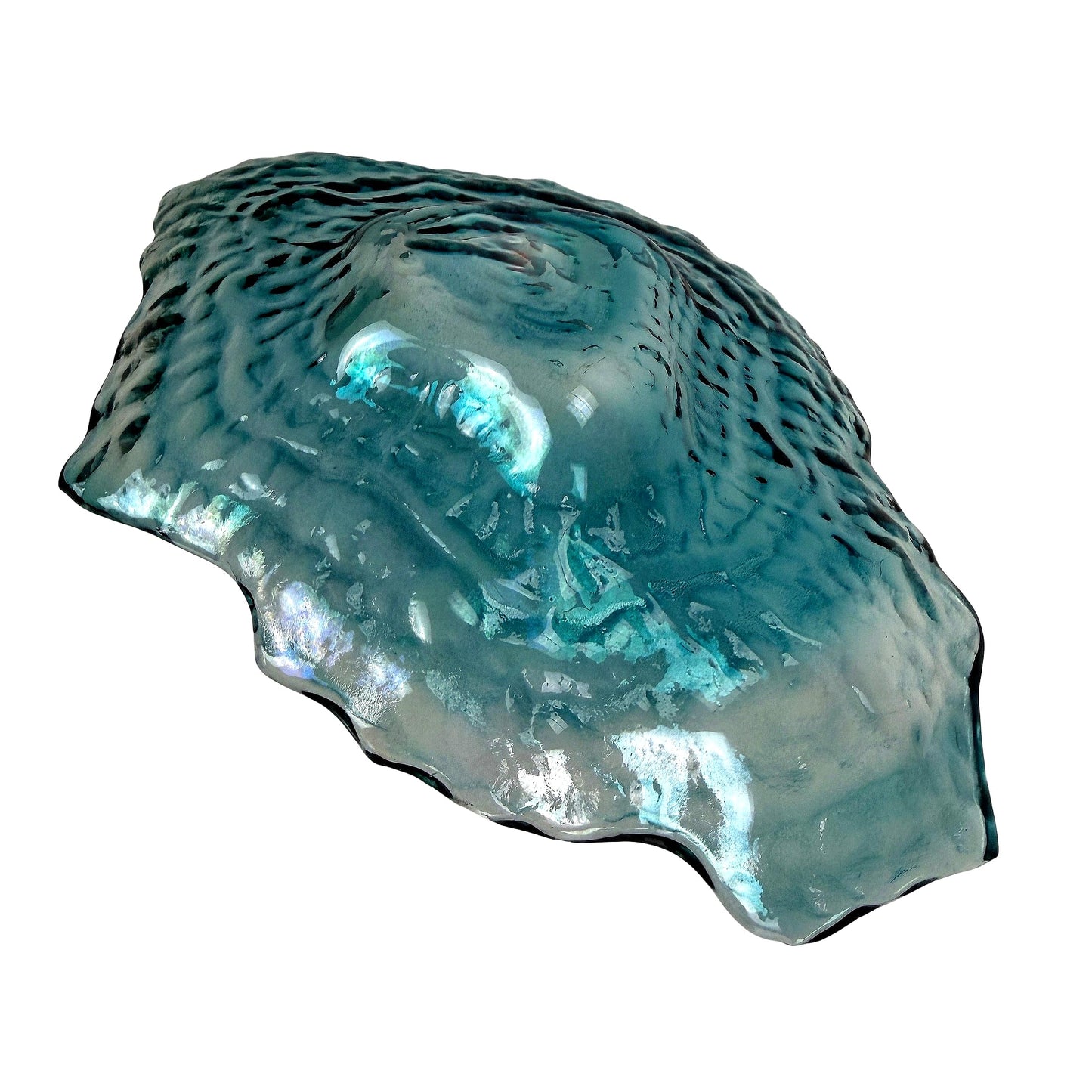 Things2Die4 Oyster Shaped Decorative Plate, 10 X 7.5 Inch Iridescent Sea Blue Glass Accent Dish for Coastal Table Decor, Freeform Wavy Shell Design for Entryway or Living Room