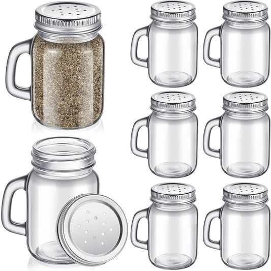 Tessco for you 6 Pcs 4 oz Glass Salt and Pepper Shakers Clear Mason Jar Mini Salt Shakers for Farmhouse Kitchen with Metal Lid and Handles for Kitchen Table Wedding Drinkware Home Accessories(Silver)