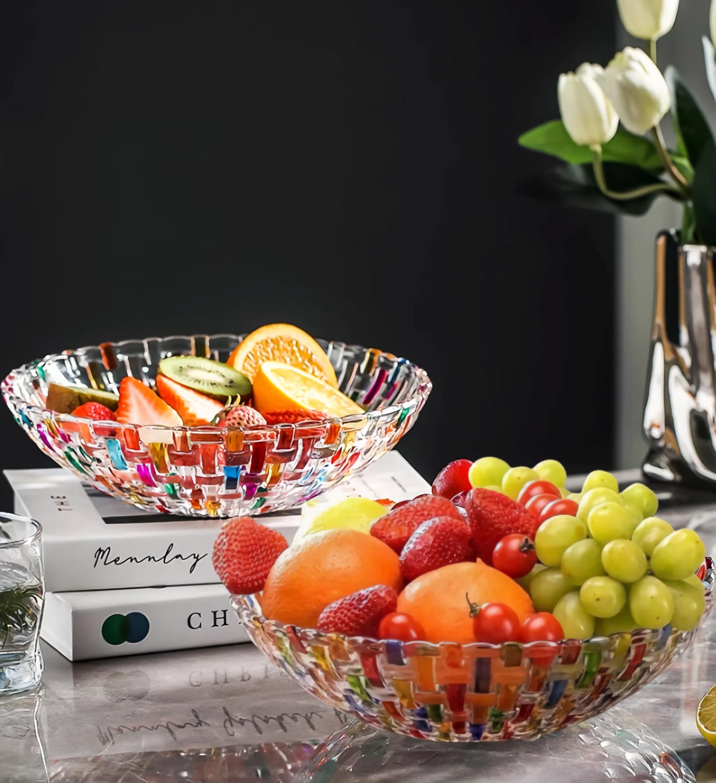 HMFDYHz 10" Colorful Crystal Glass Fruit Candy Dessert Snack Salad Bowl