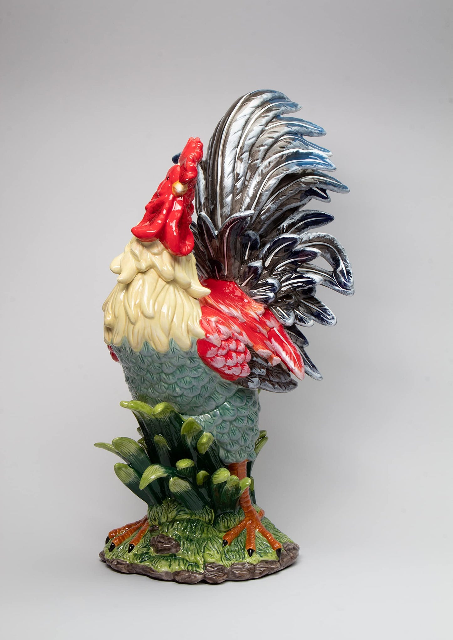Cosmos Gifts Fine Ceramic Large Tuscany Red Cobalt Blue Rooster Figurine, 23-1/2" H
