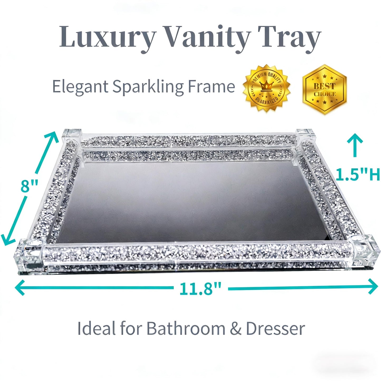 Vanity Tray Luxury Glass Crystal Mirrored Decorative Tray, Sparkling Jewelry & Perfume Organizer Tray for Bathroom Vanity, Bedroom Dresser, Kitchen Counter & Party Serving(Silver, 11.8" x 8")