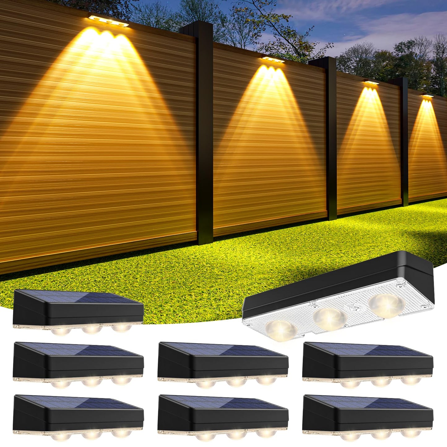 JOFIOS Solar Fence Lights Outdoor,1300mAh,Warm/Natural/Cool White,IP65 Waterproof,6 inch Fence Lights Solar Powered,Solar Lighting for Deck, Backyard, Railing(8Pack Black)