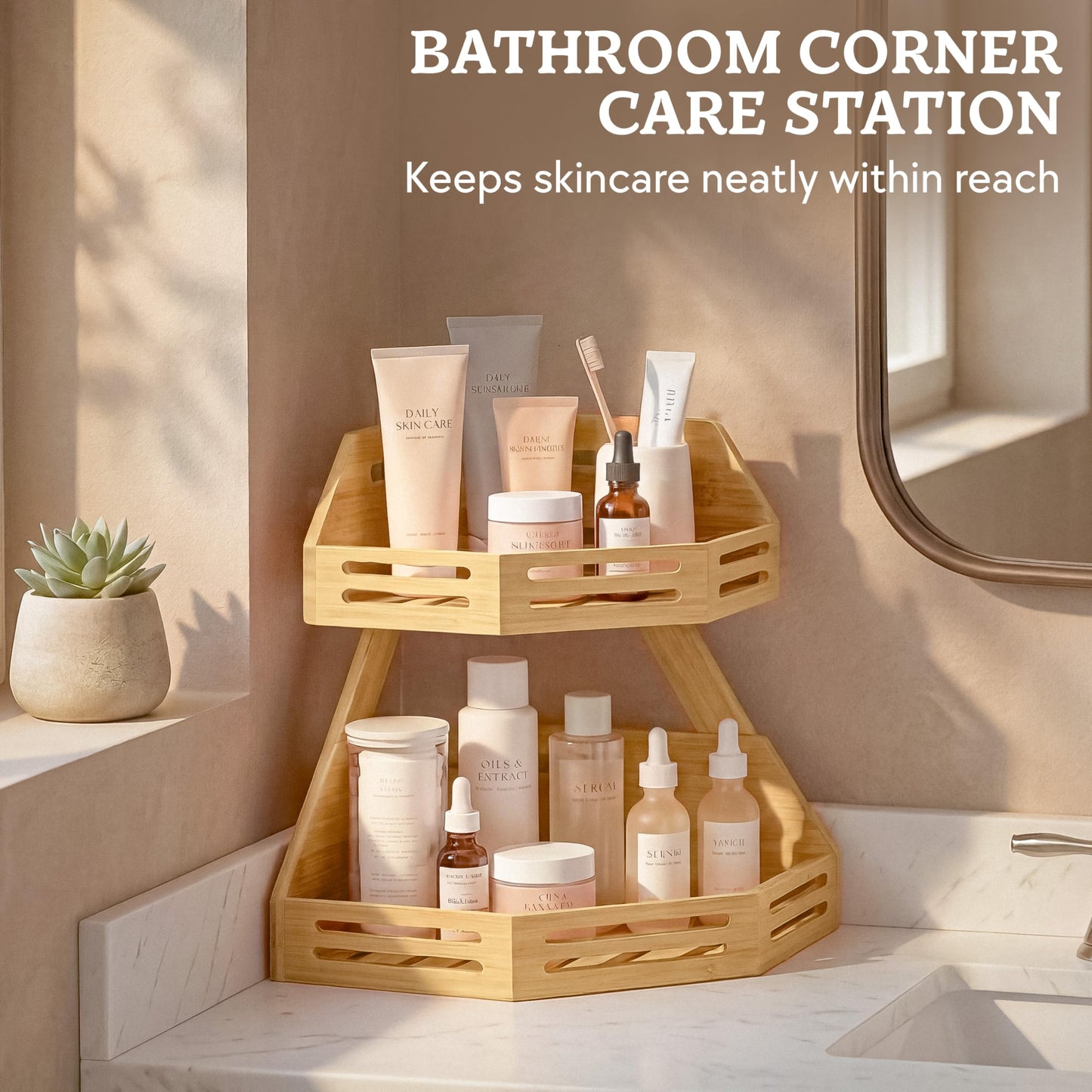 HOMESTEAD 2-Tier Bamboo Corner Shelf Organizer, Fruit Vegetable Produce Stand with Air Vents, Countertop Standing Rack for Kitchen, Bathroom, Corner Shelf Space Saver