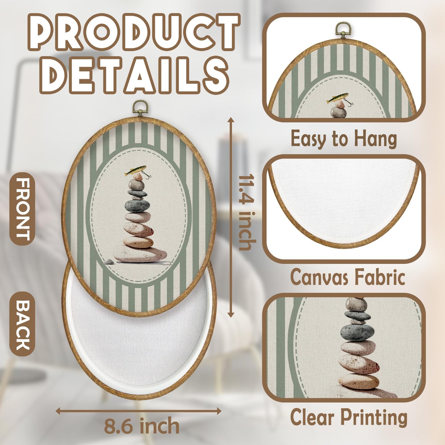 CGBHW Stacking Stones Fish Zen Oval Wall Art Decor, Lake House Canvas Prints Framed, Green Striped Calming Stones with Fish Lure Wall Art Hanging Decor for Home Kitchen Bedroom Zen Room, 8.6x11.4 Inch