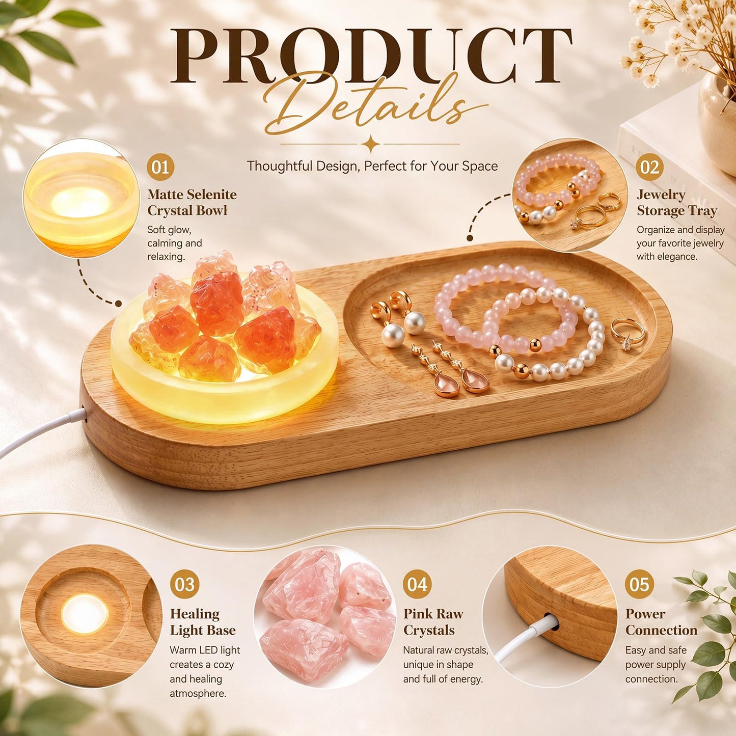 Hushee Selenite Crystal Bowl Jewelry Tray for Women Room Aesthetic Decor Gift, Set of 3 Light up Decorative Wood Jewelry Holder Selenite Bowl & Rose Quartz Stone for Essential Oil Healing Meditation
