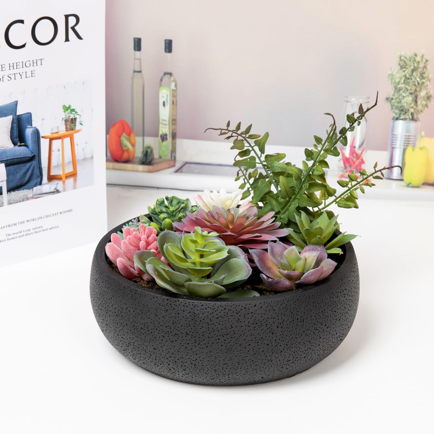 Nattol 8 Inch Round Modern Artificial Succulent Plant Arrangement, Assorted Fake Plants in Black Concrete Planter Bowl for Home Decoration