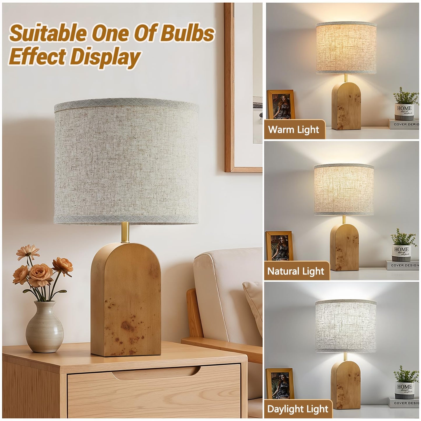 Table Lamps Set of 2 - 19" Wood Farmhouse Bedside Lamp with Adjustable Color Temperatures - Modern Rustic Linen Lampshade Nightstand Lamps for Bedroom Living Room Office, Bulbs Included, Natural