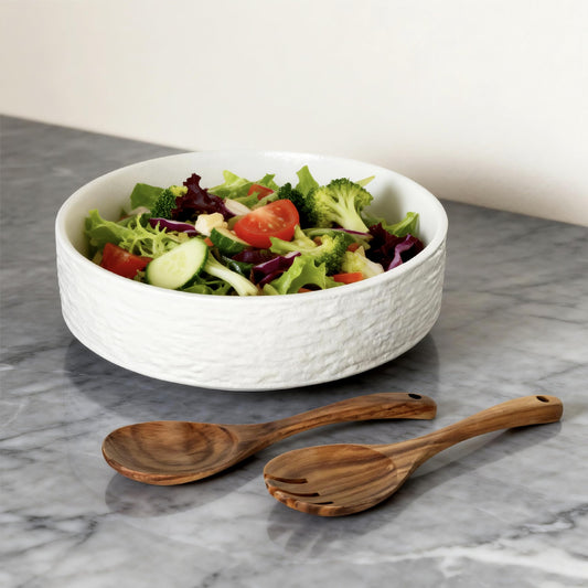 seicasaya 10 Inch Ceramic Salad Bowl with Acacia Wood Serving Spoon and Fork Set High Temperature Fired Stone Texture Large Serving Bowl for Pasta Fruit Popcorn Modern Centerpiece Bowl (White)