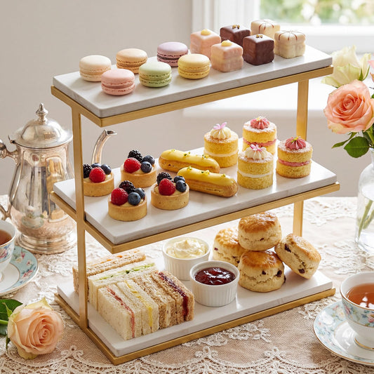 Yungyan 3 Tier Marble Charcuterie Board White and Gold Frame Stand Marble Cake Stand Versatile Serving Display Tray for Weddings Showers Anniversaries Parties Modern Home Decoration