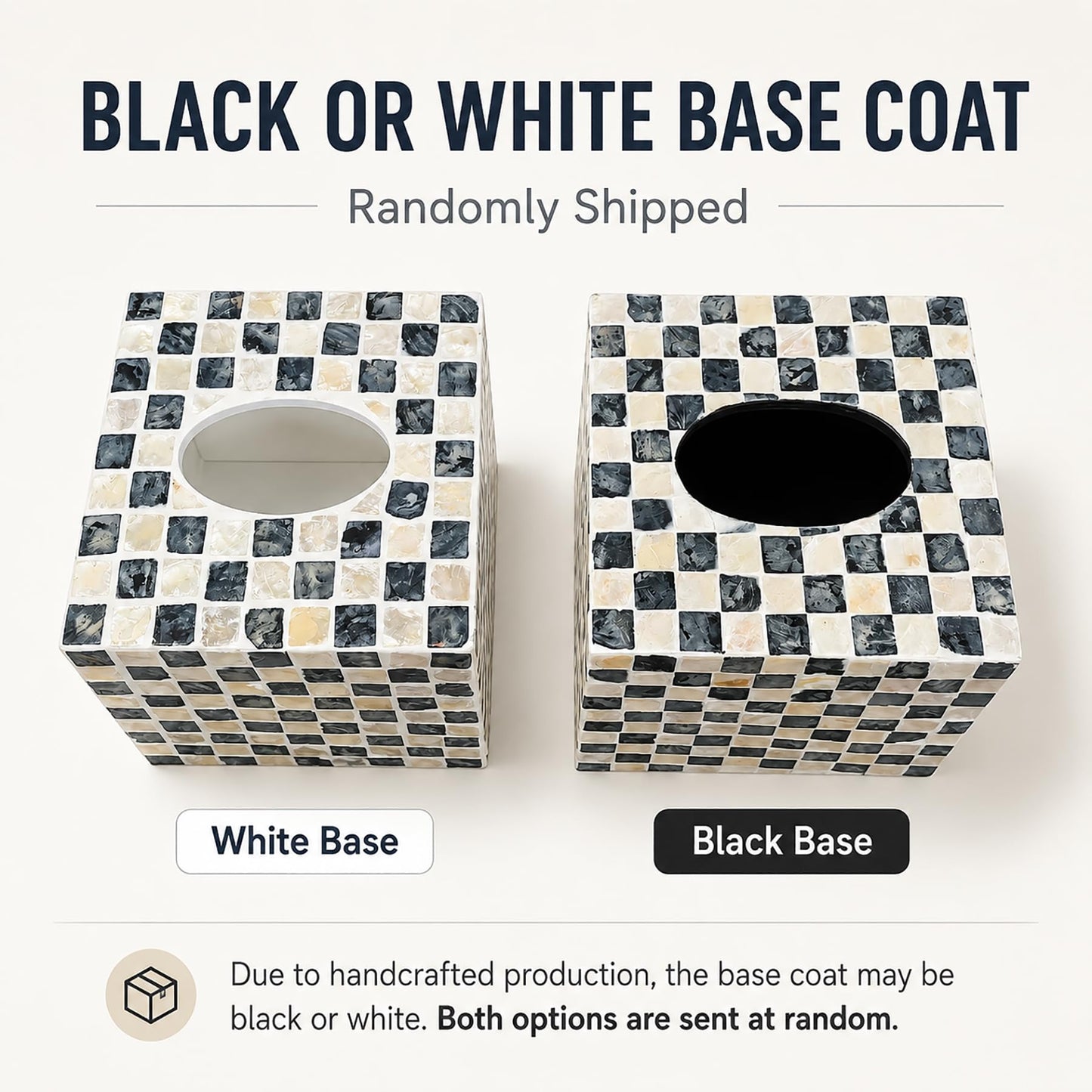 Chicapica 5.9" Square Mother of Pearl Tissue Box Cover – Black & White Checkered Decorative Cube – Handcrafted Mosaic Tissue Holder for Bathroom Vanity, Bedroom, and Home Office