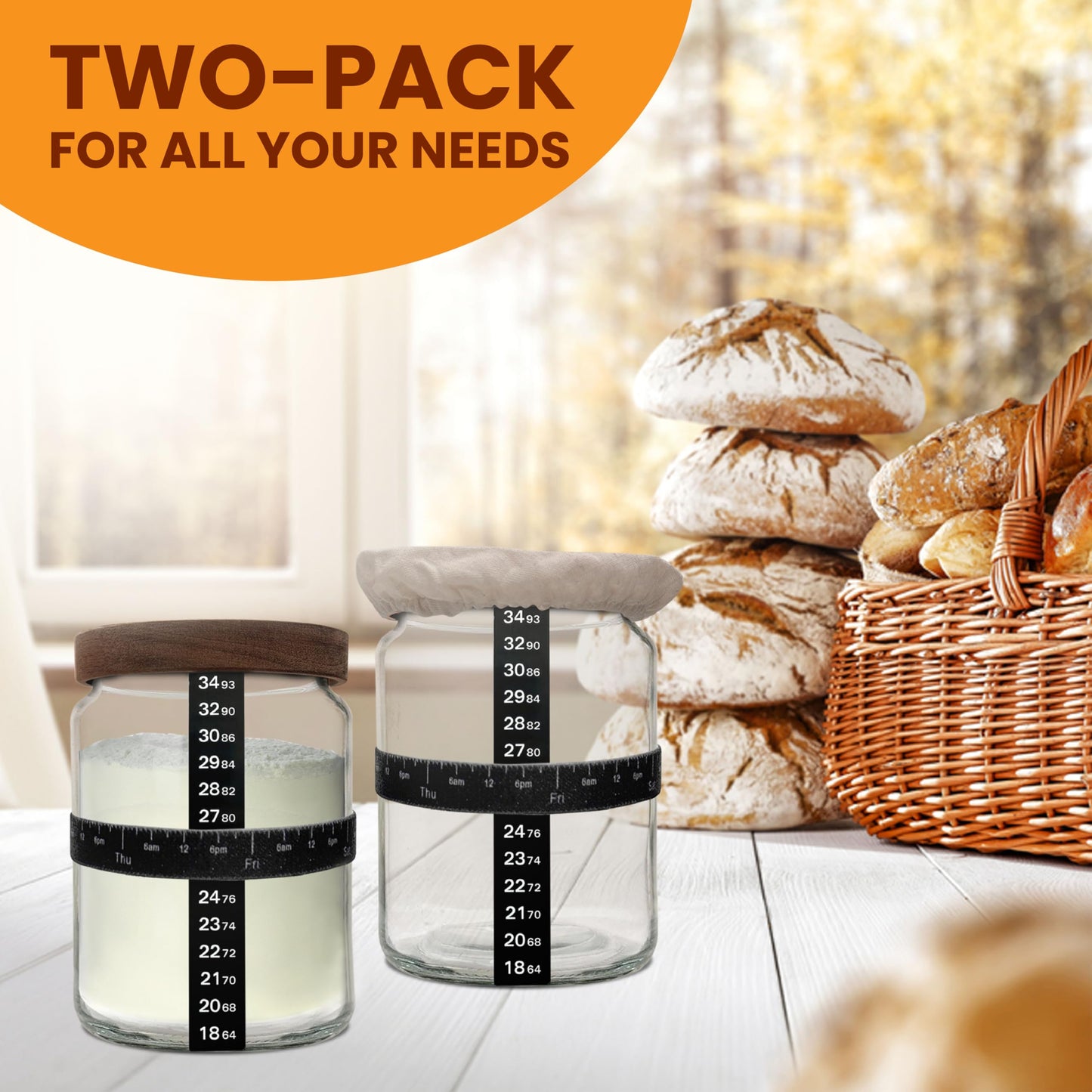 NAYYAB PRODUCTS Sourdough Starter Jar Kit Pack Of 2, 24oz Jar with Wooden lids, Ounce Scale Line, Silicon Scraper, Cloth Cover, Thermometer Sticker, Date Marked Feeding Band, Sourdough Jars