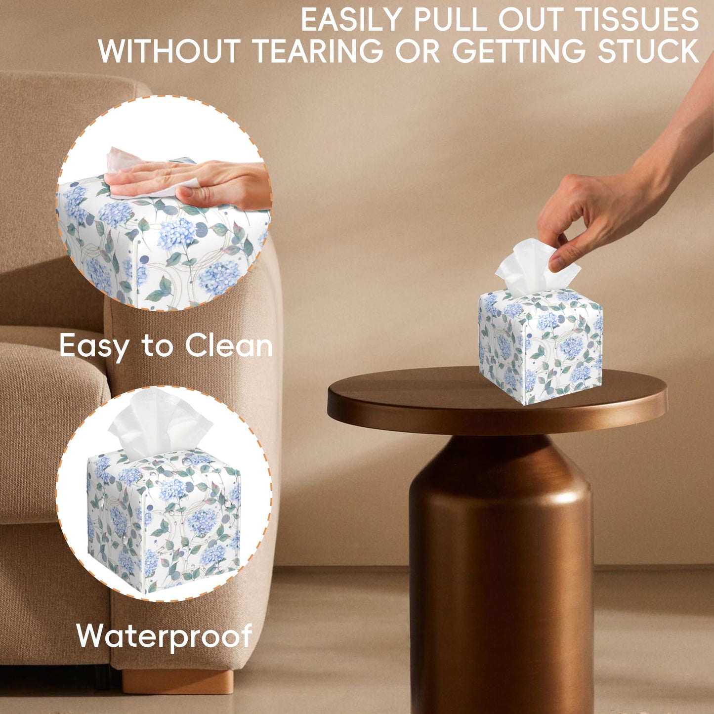 OHEGBXE Contemporary Floral Tissue Box Cover Holder Cube Facial Paper Organizer Dispenser, Abstract Hydrangea Flower, Square, PVC Leather, 5.2"L x 5.2"W x 5.2"H