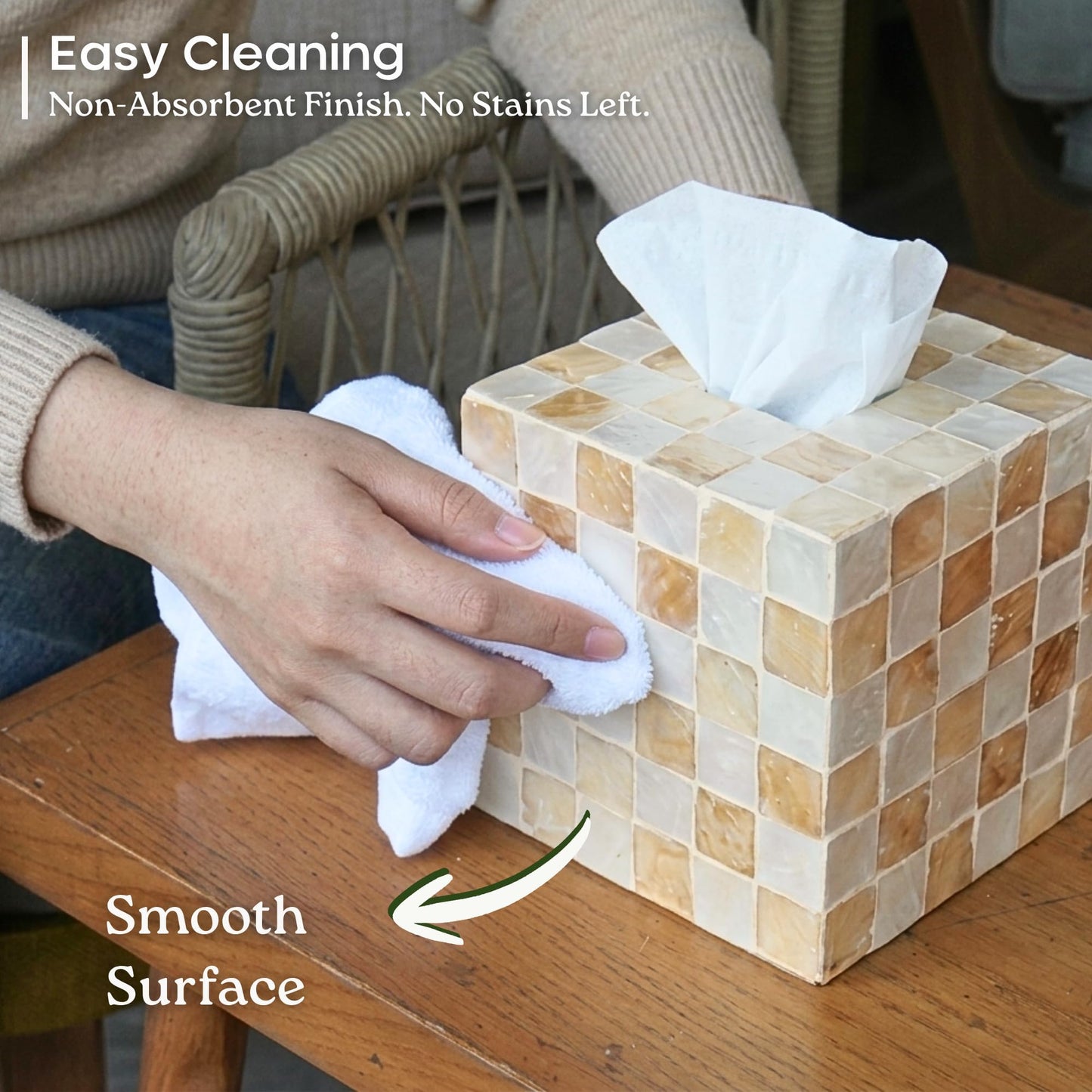 CHI AN HOME 5.5” Square Tissue Box Cover, Capiz Shells Cube Tissue Box Holder with Bottom Slider, Checkered Tissue Box Cover Mother of Pearl Decorative Tissue Holder for Bathroom Vanity, Office, Ivory